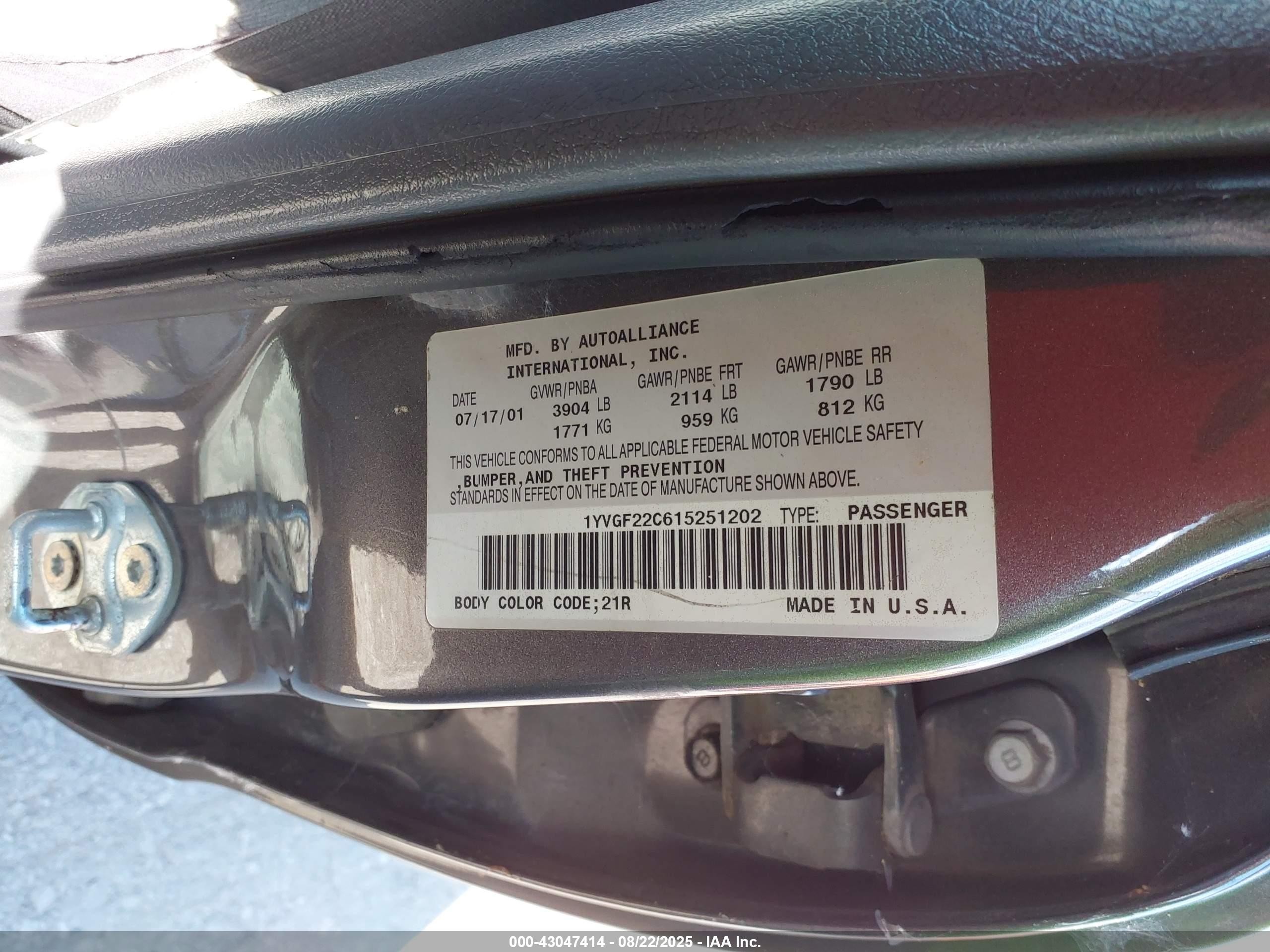2001 Mazda 626 Es/lx Gray vin: 1YVGF22C615251202
