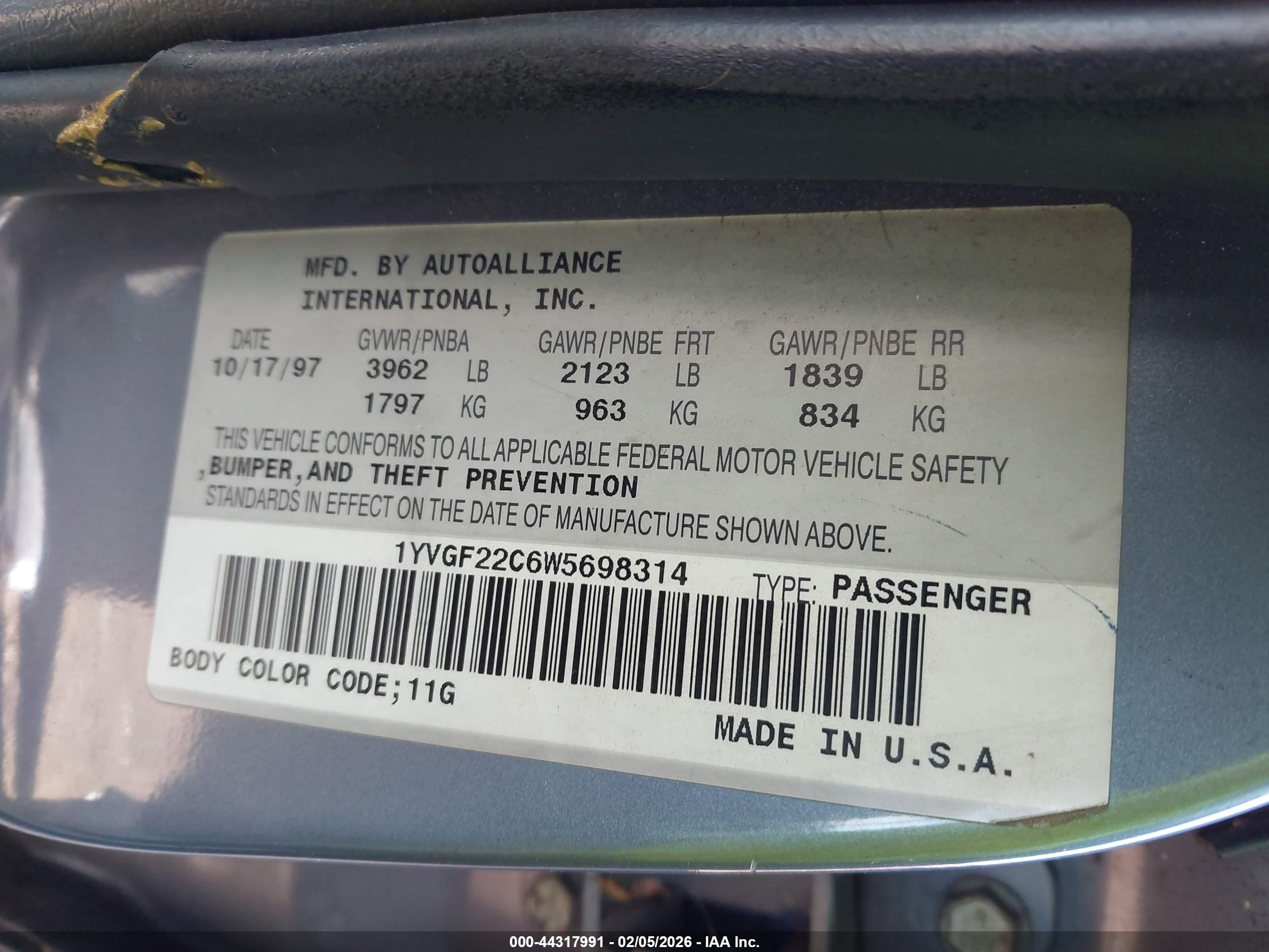 1998 Mazda 626 Dx/lx Blue vin: 1YVGF22C6W5698314