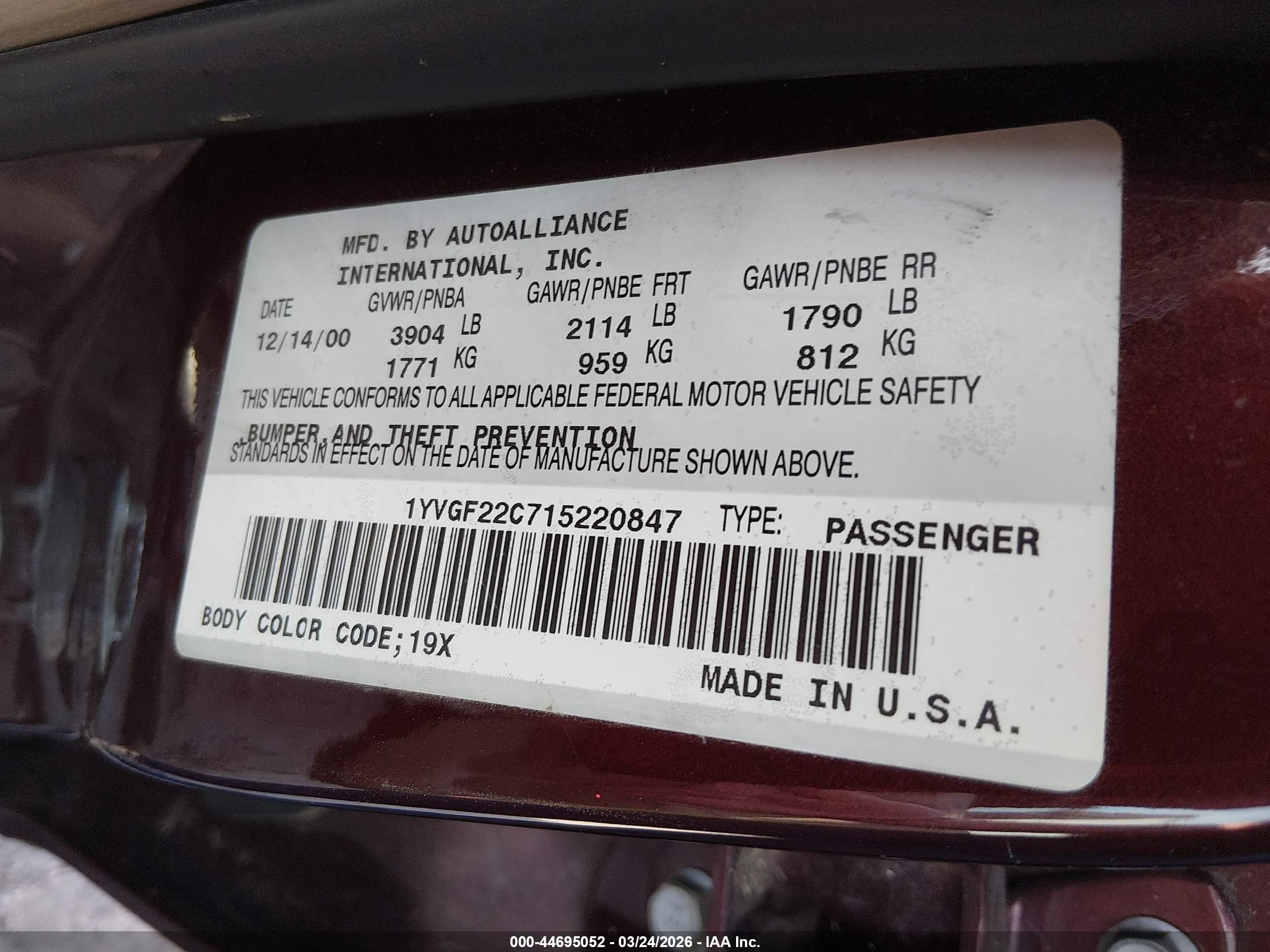 2001 Mazda 626 Es/lx Maroon vin: 1YVGF22C715220847
