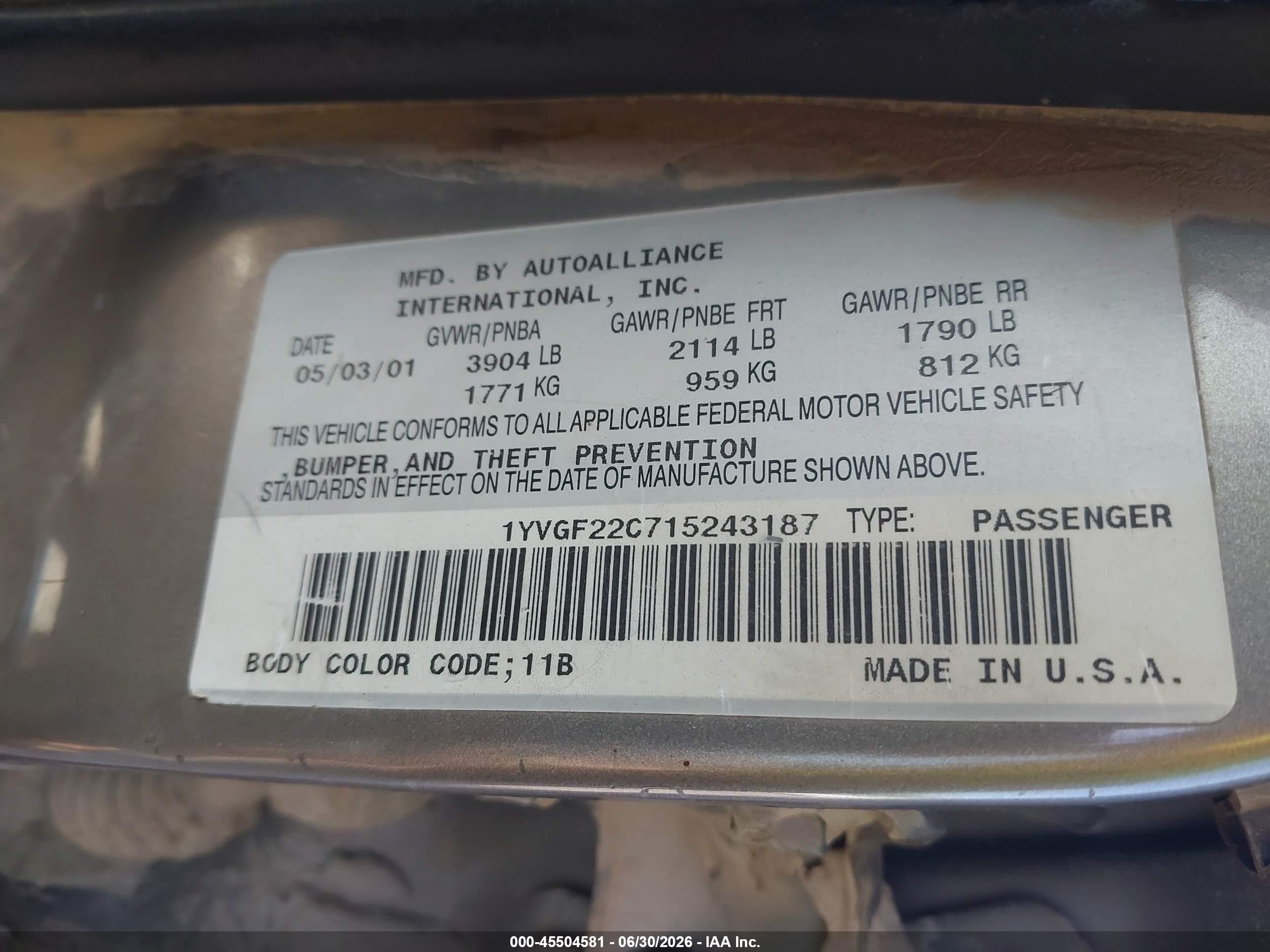 2001 Mazda 626 Es/lx Gold vin: 1YVGF22C715243187