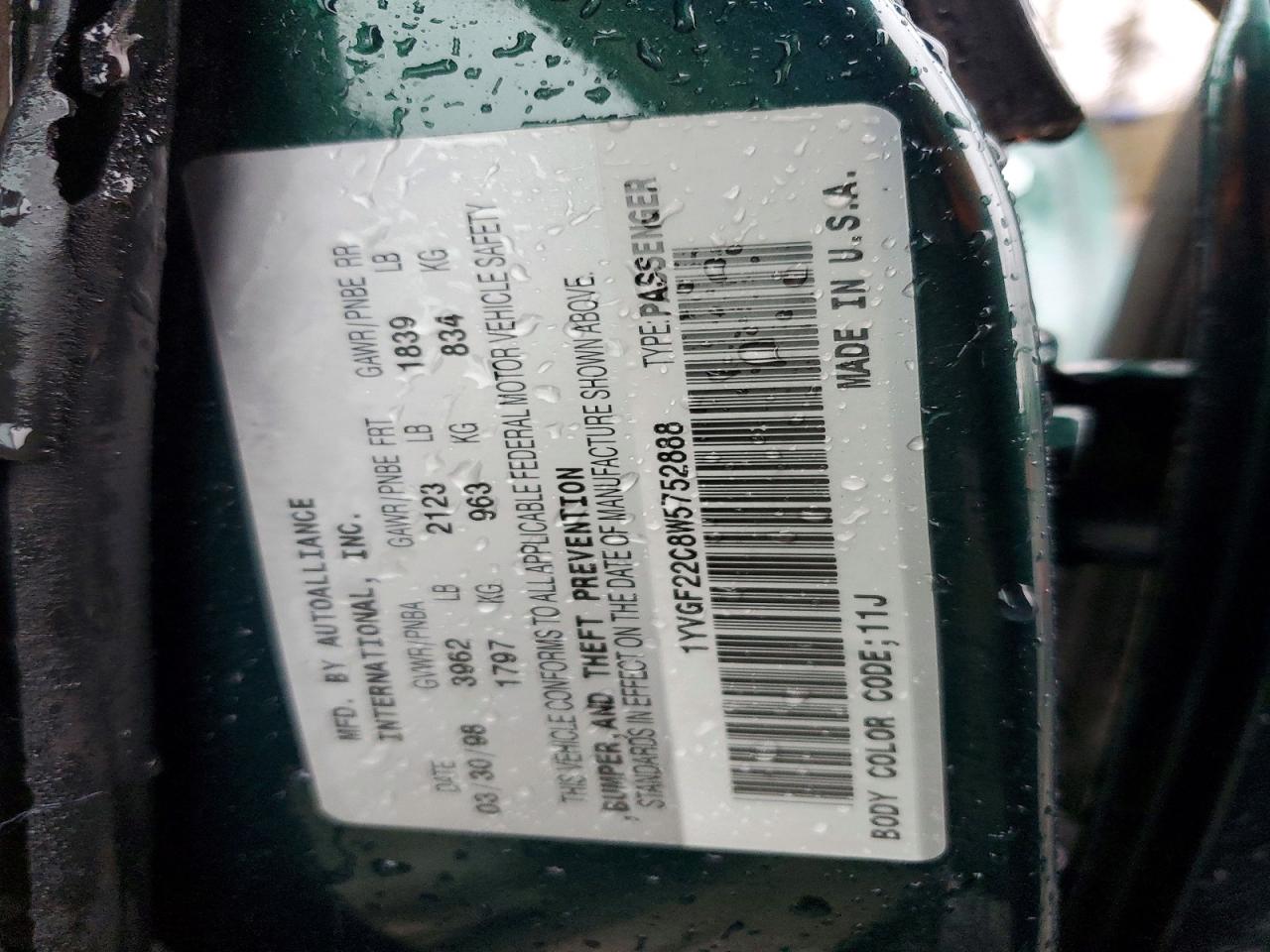 1998 Mazda 626 Dx Green vin: 1YVGF22C8W5752888