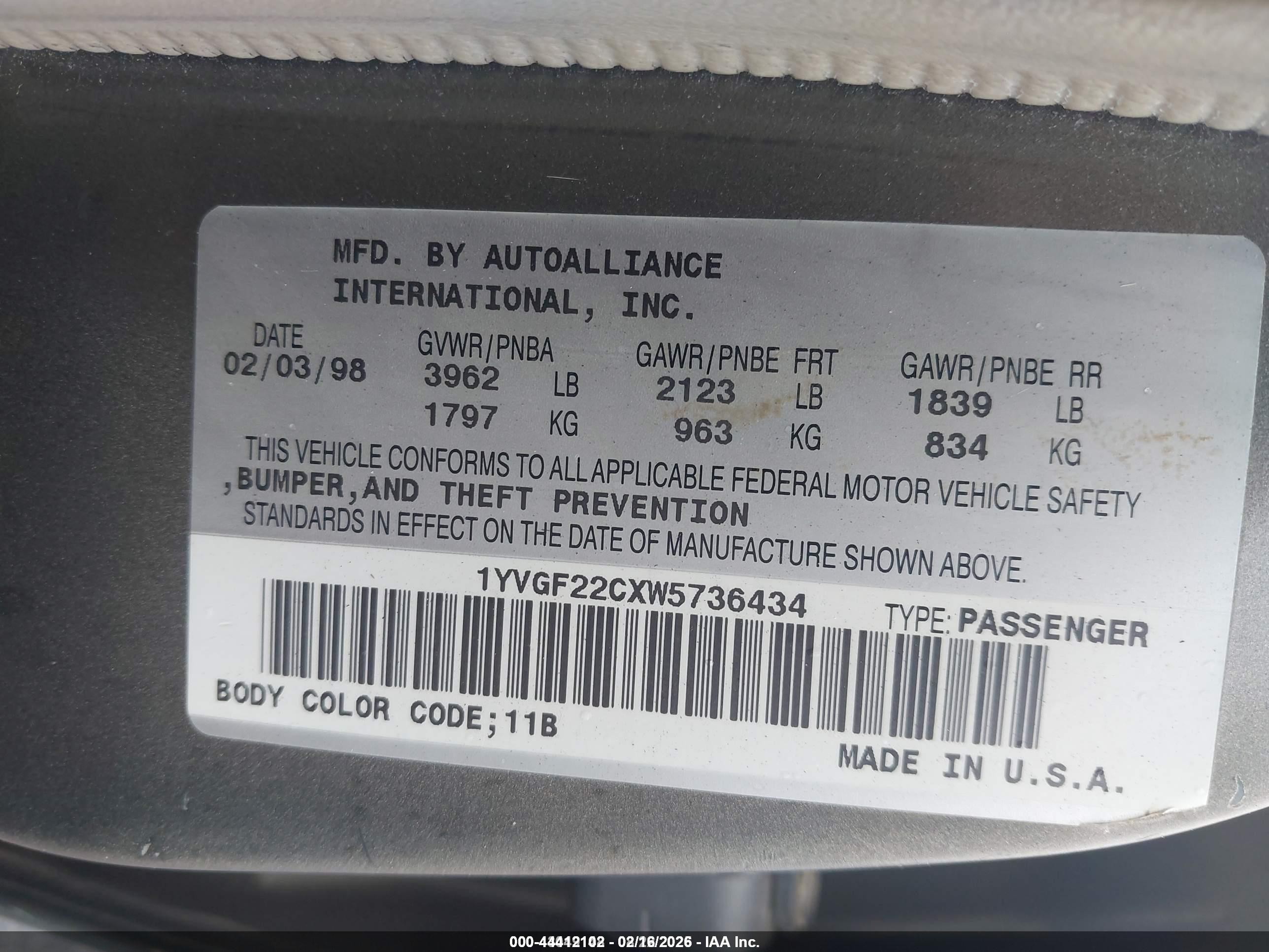 1998 Mazda 626 Dx/lx Gold vin: 1YVGF22CXW5736434
