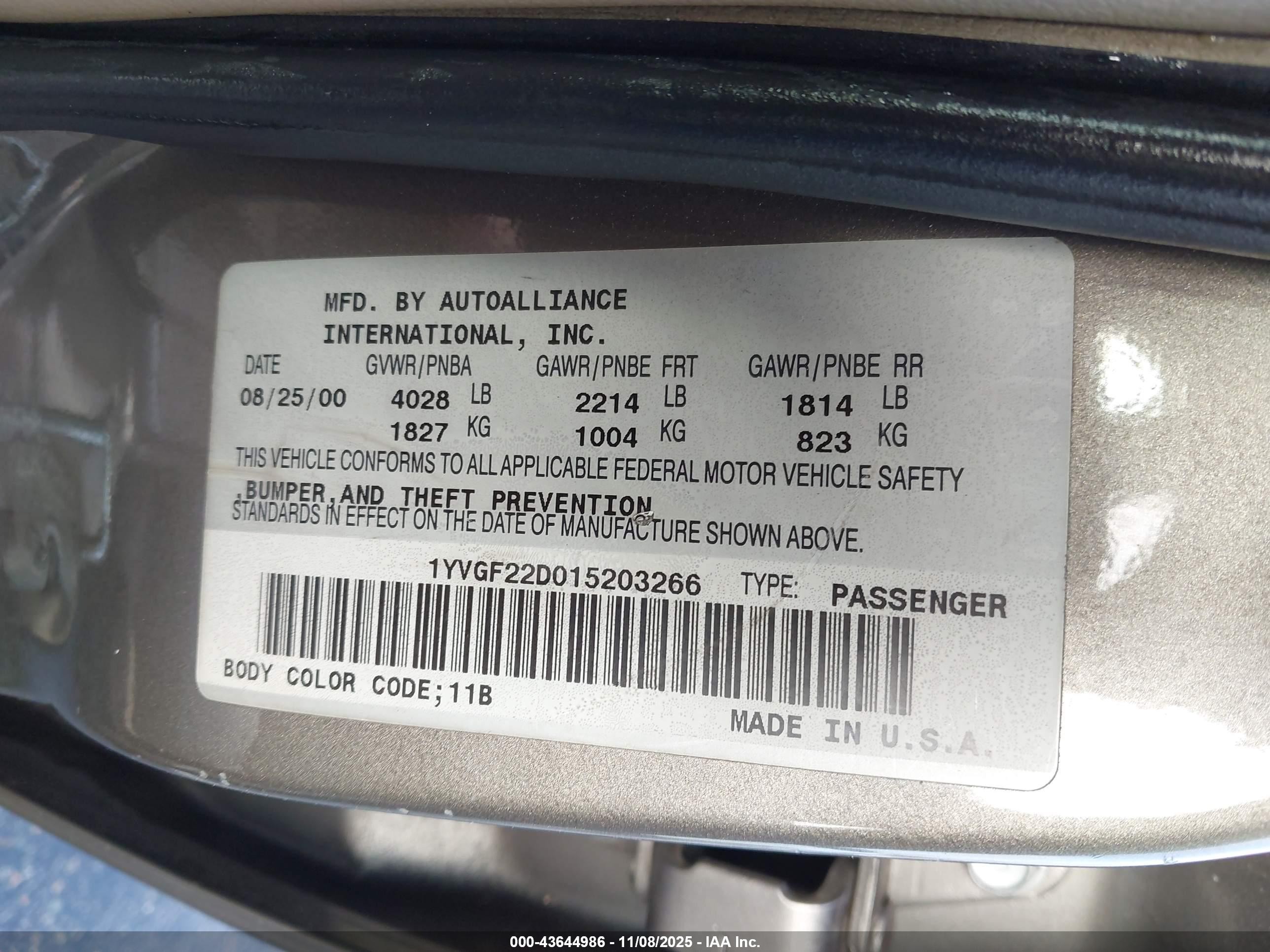 2001 Mazda 626 Es V6/lx V6 Dark Brown vin: 1YVGF22D015203266