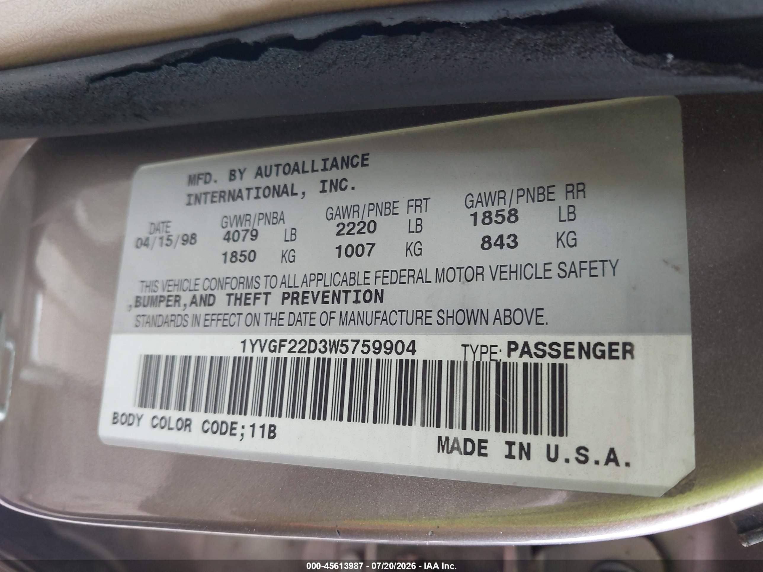 1998 Mazda 626 Es V6/lx V6 Brown vin: 1YVGF22D3W5759904