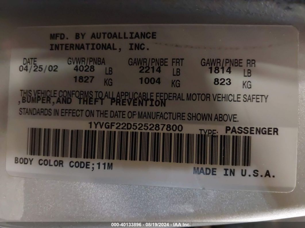 1YVGF22D525287800 — 2002 MAZDA 626 History & VIN | AutoHelperBot
