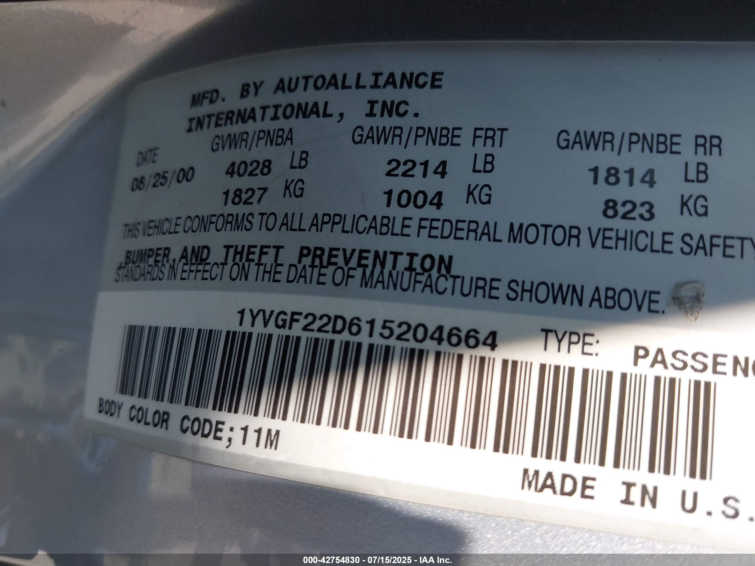 2001 Mazda 626 Es V6/lx V6 Silver vin: 1YVGF22D615204664
