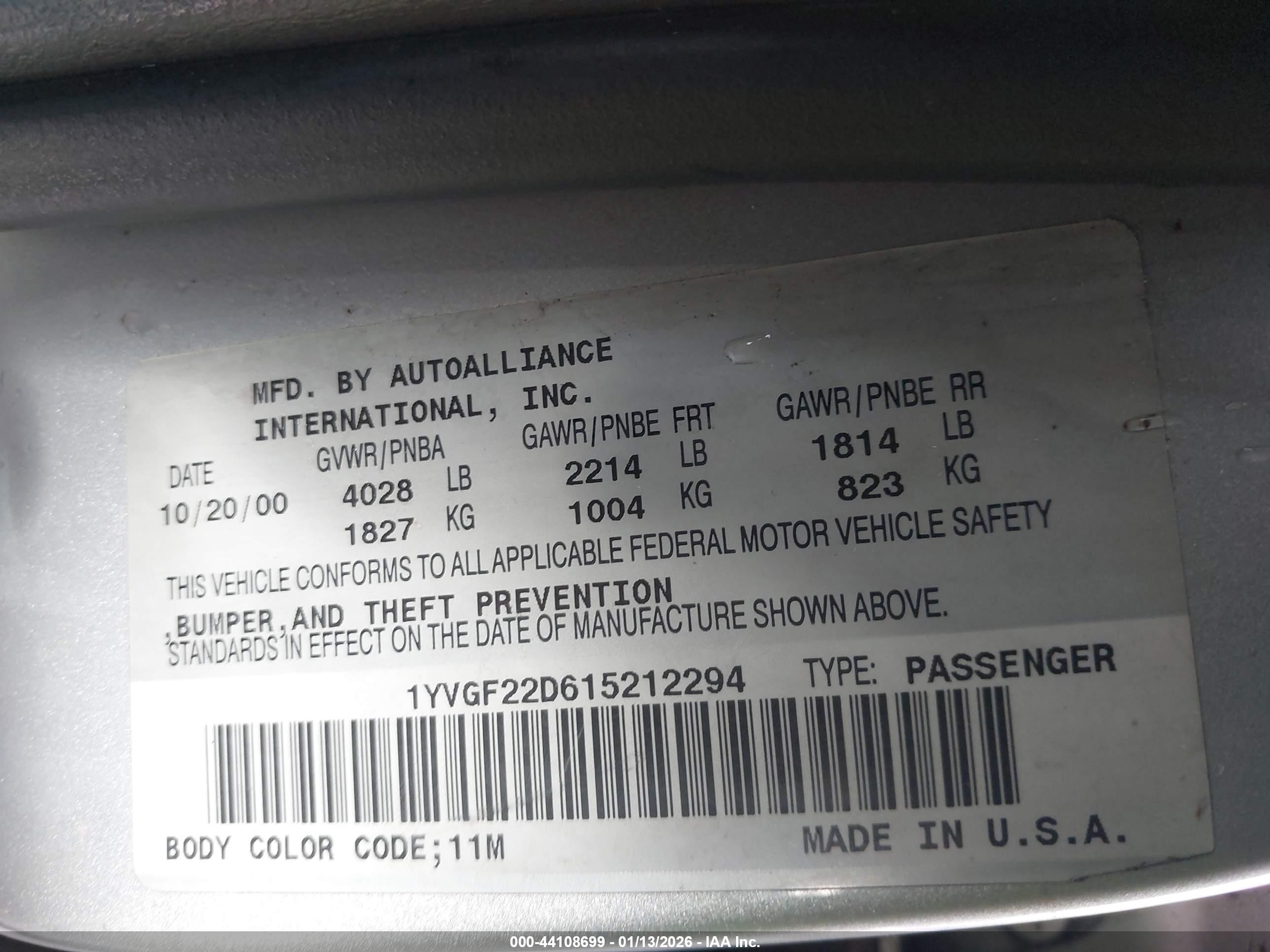 2001 Mazda 626 Es V6/lx V6 Silver vin: 1YVGF22D615212294