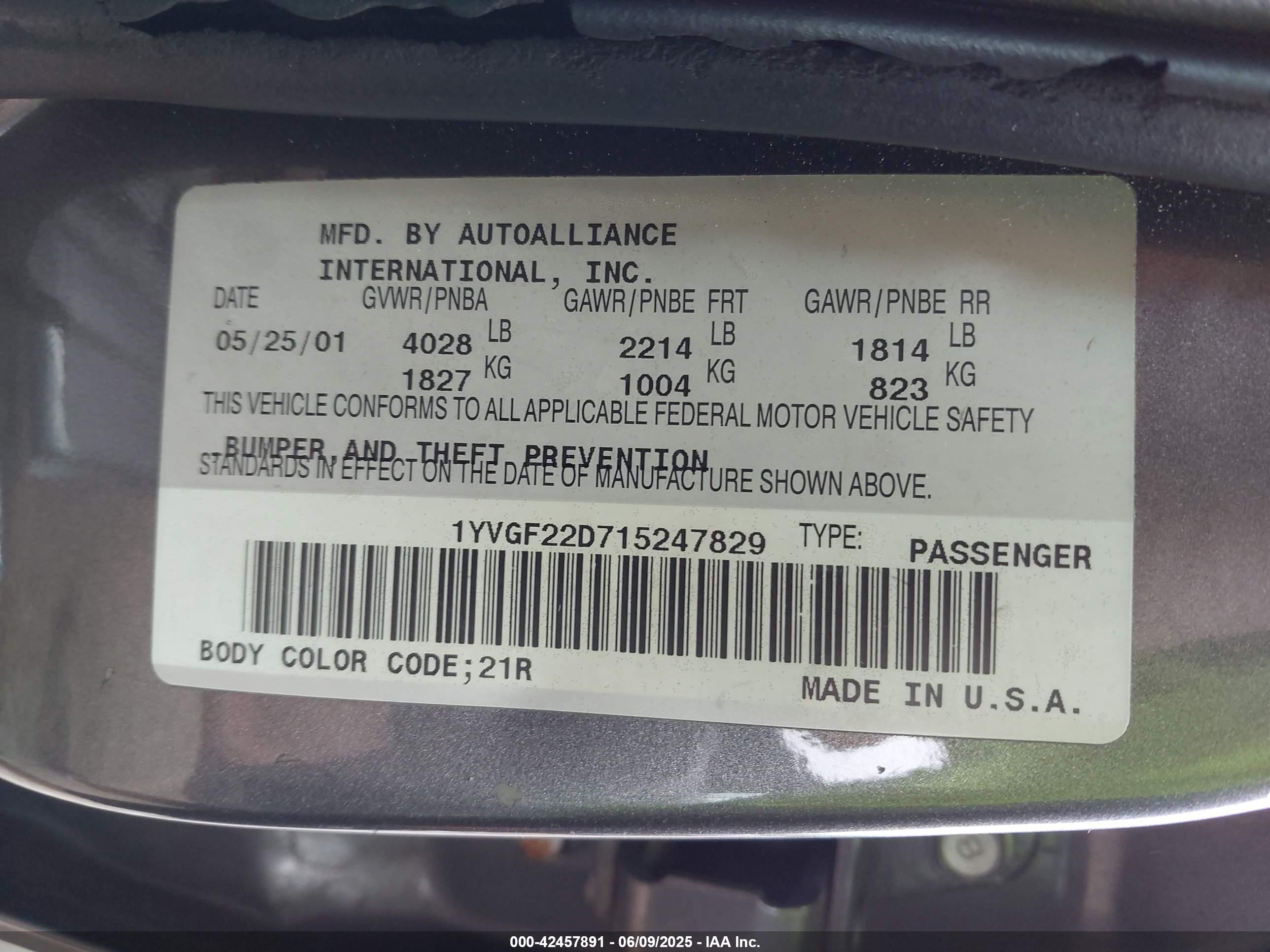 2001 Mazda 626 Es V6/lx V6 Gray vin: 1YVGF22D715247829