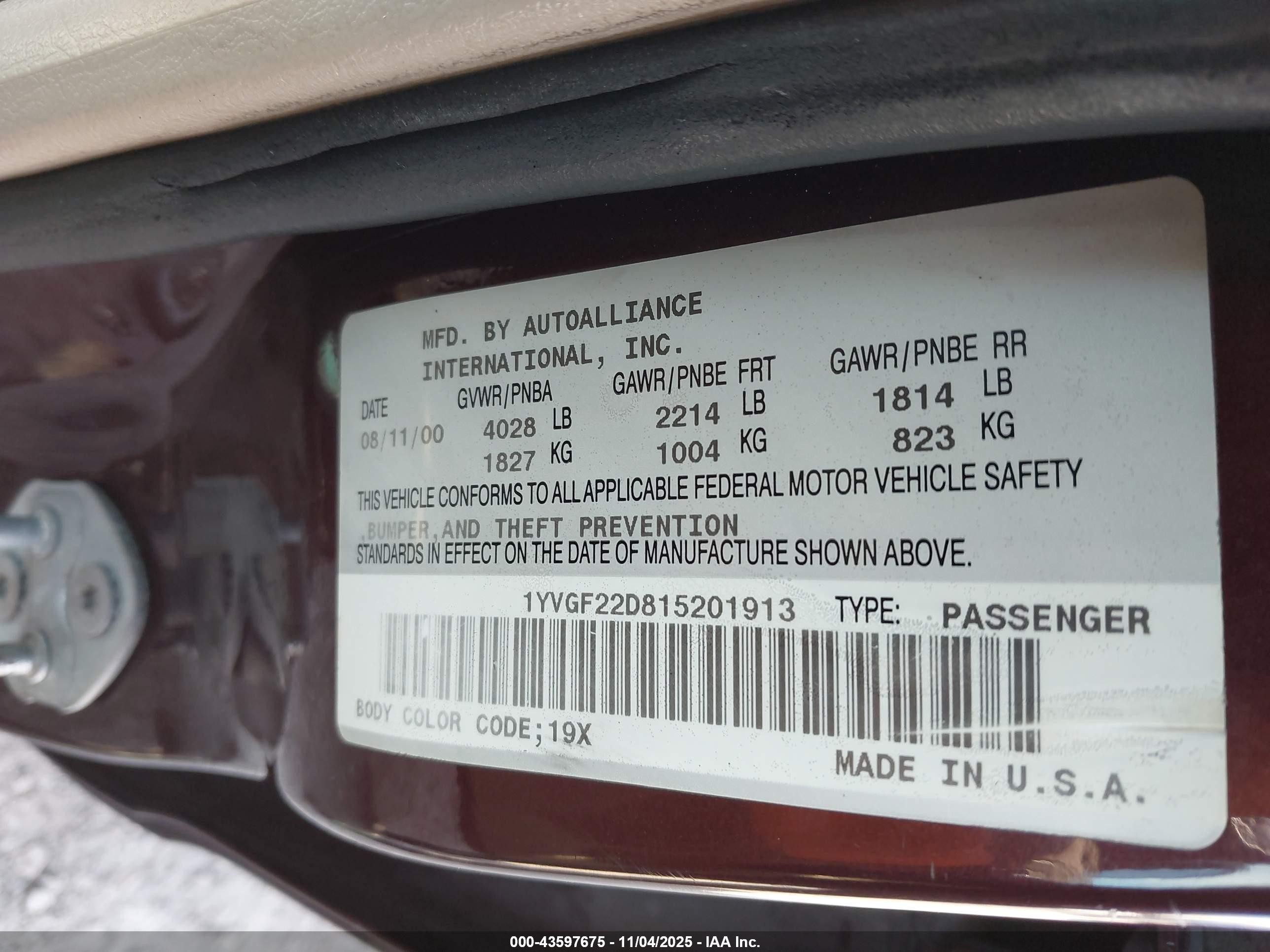 2001 Mazda 626 Es V6/lx V6 Burgundy vin: 1YVGF22D815201913