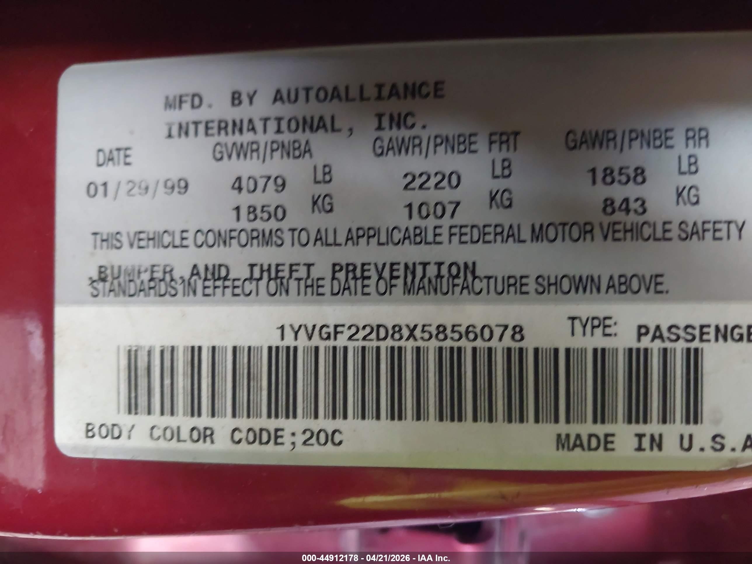 1999 Mazda 626 Es V6/lx (v6) Red vin: 1YVGF22D8X5856078