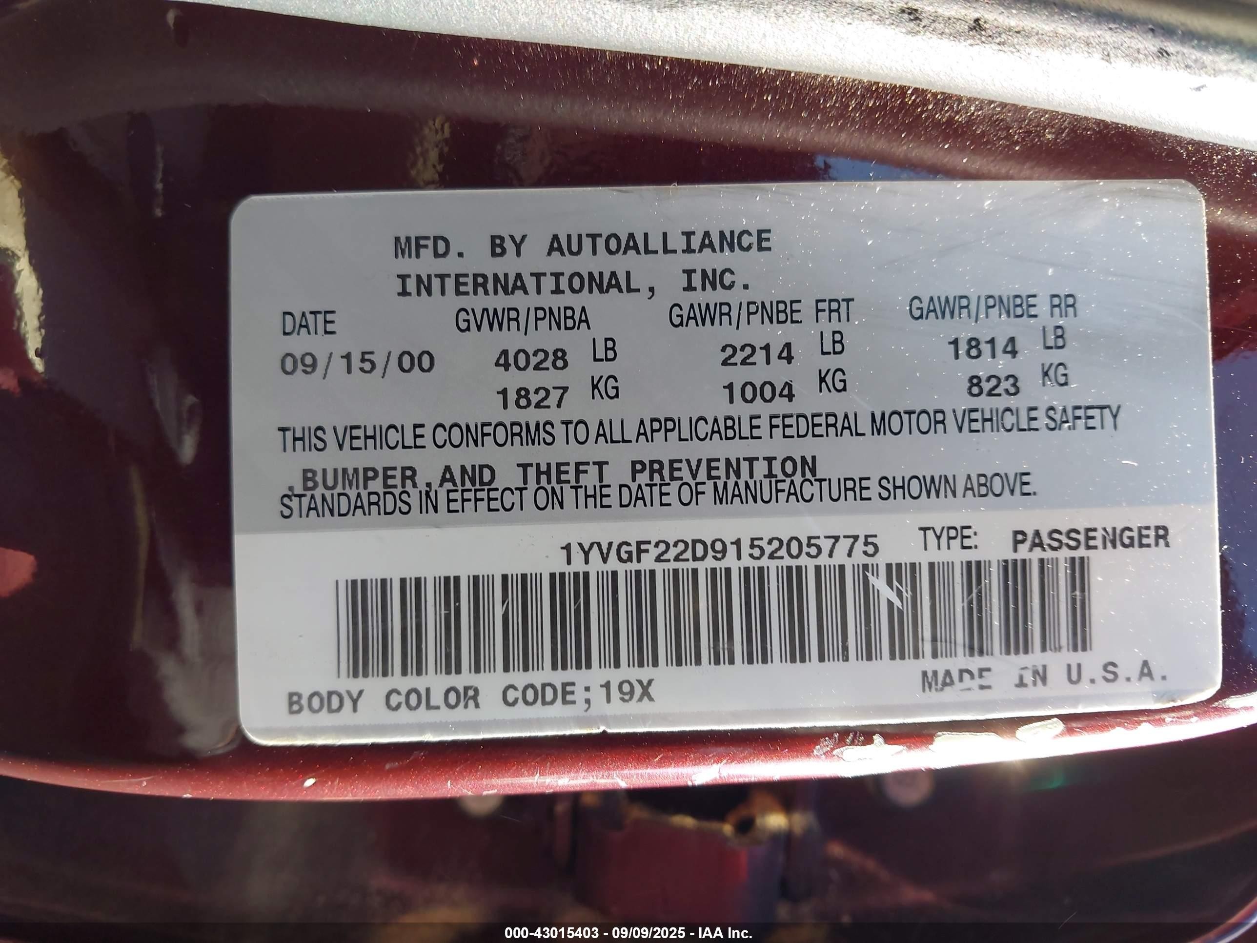 2001 Mazda 626 Es V6/lx V6 Burgundy vin: 1YVGF22D915205775