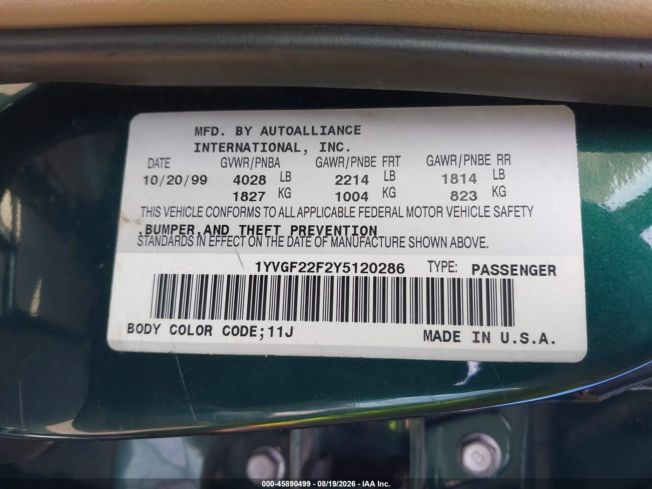 2000 Mazda 626 Es V6/lx V6 Green vin: 1YVGF22F2Y5120286