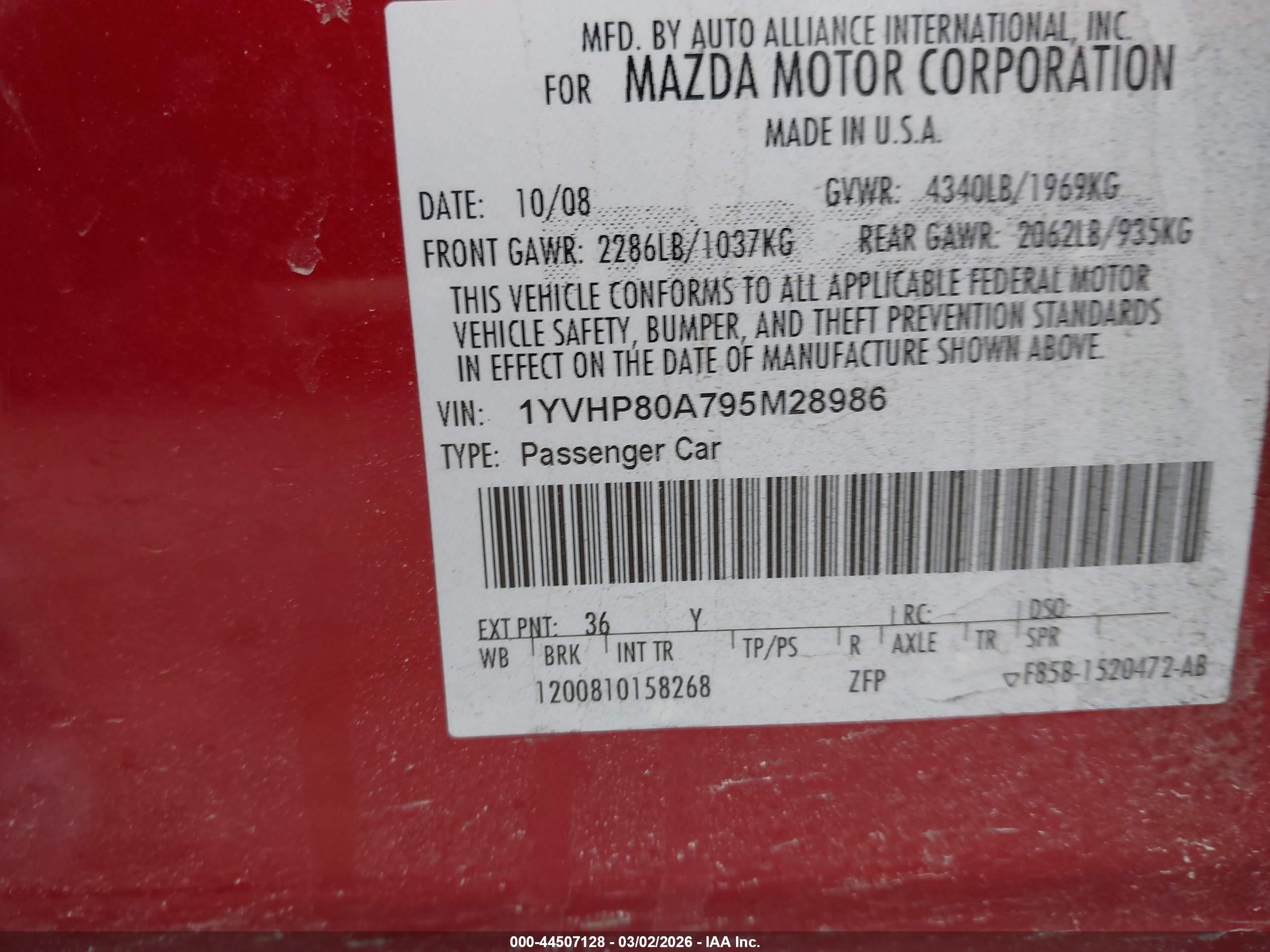 2009 Mazda Mazda6 I Sv Red vin: 1YVHP80A795M28986