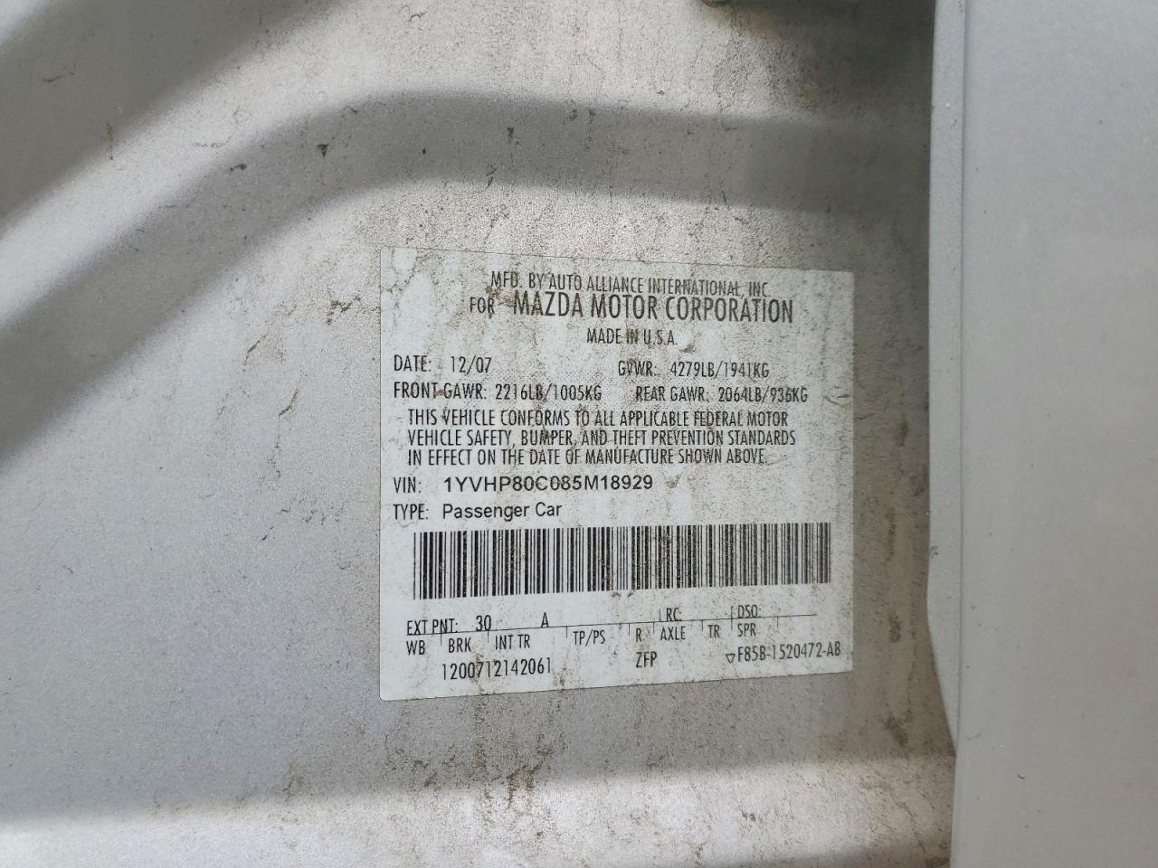 2008 Mazda 6 I Silver vin: 1YVHP80C085M18929