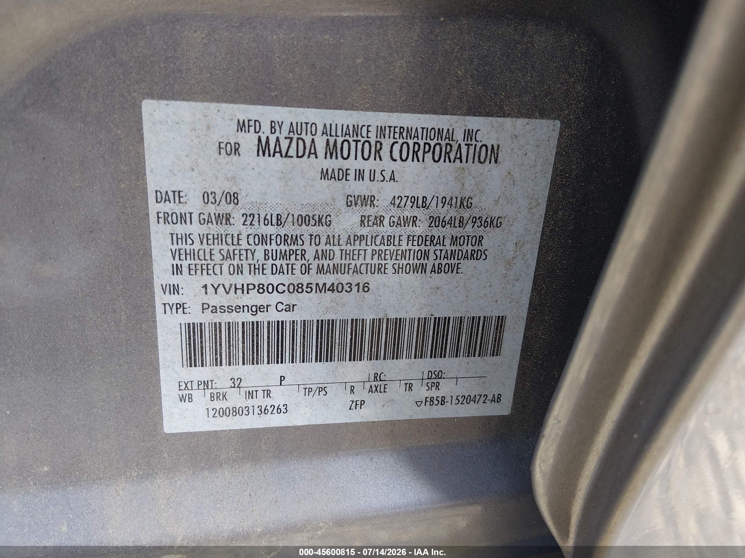 2008 Mazda Mazda6 I Sport Ve Gray vin: 1YVHP80C085M40316