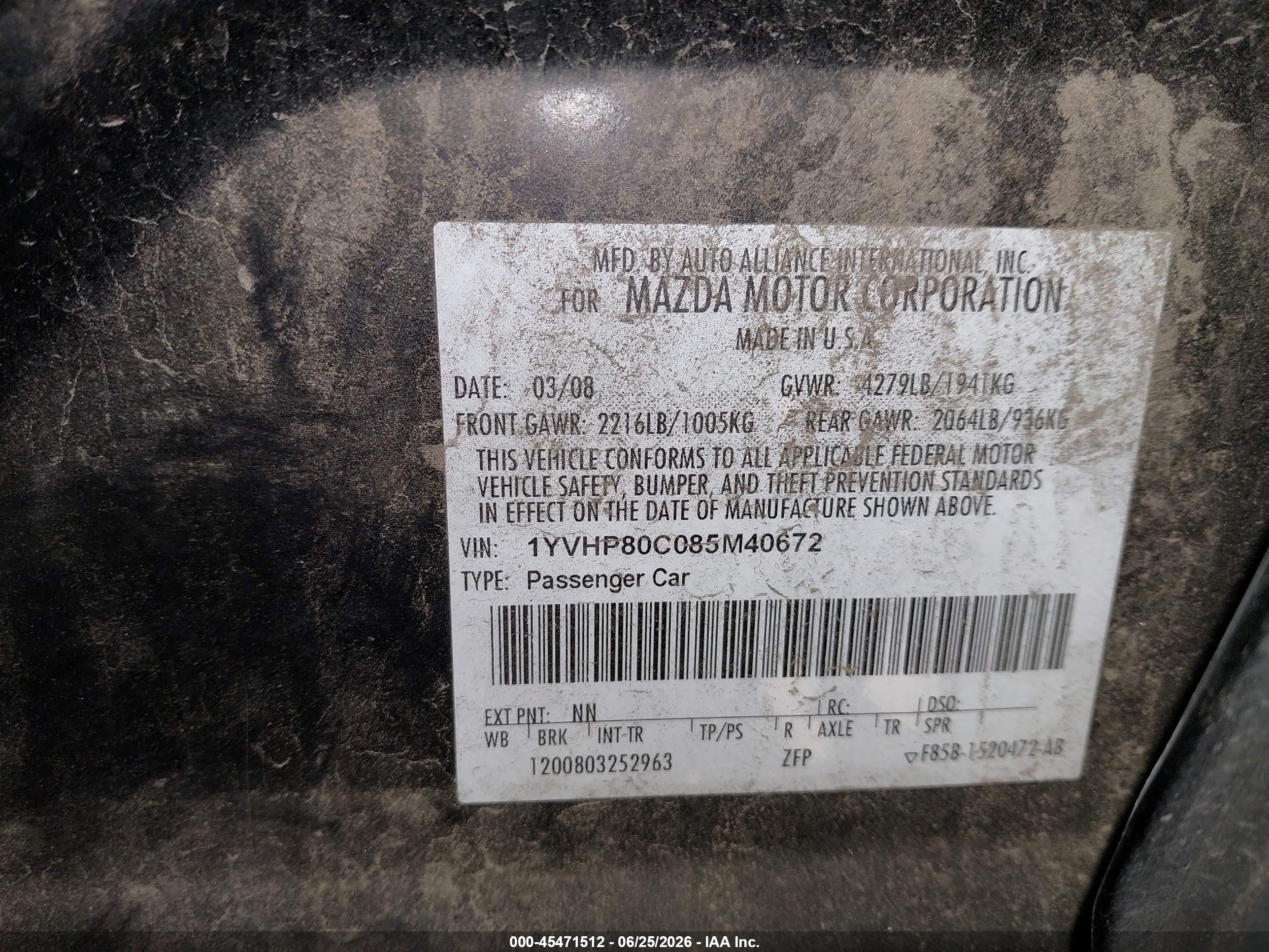 2008 Mazda Mazda6 I Touring Black vin: 1YVHP80C085M40672
