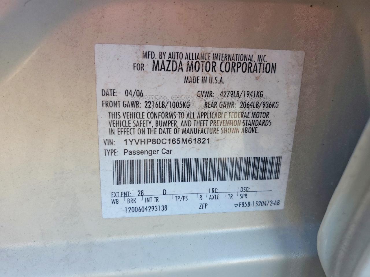2006 Mazda 6 I Золотой vin: 1YVHP80C165M61821