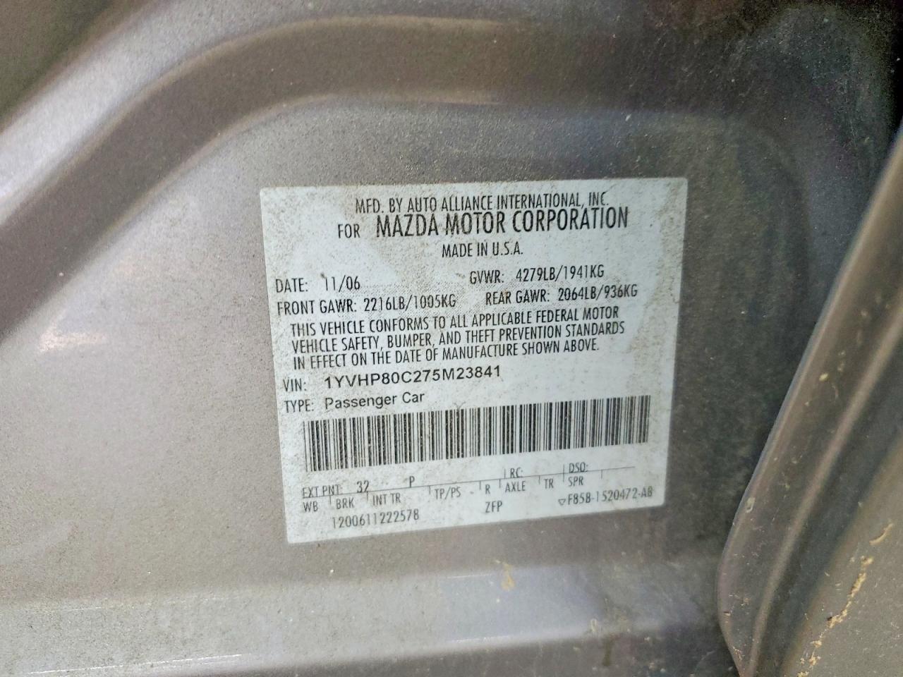2007 Mazda 6 I Gray vin: 1YVHP80C275M23841