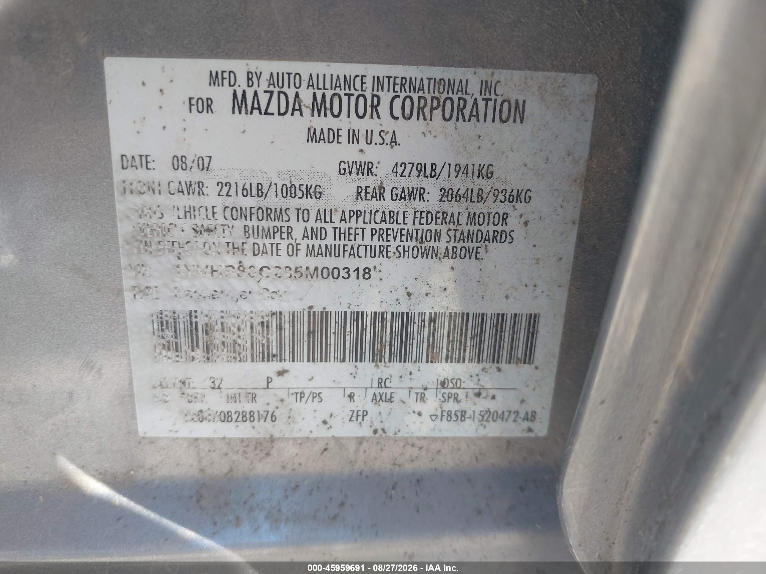 2008 Mazda Mazda6 I Sport Ve Gray vin: 1YVHP80C285M00318