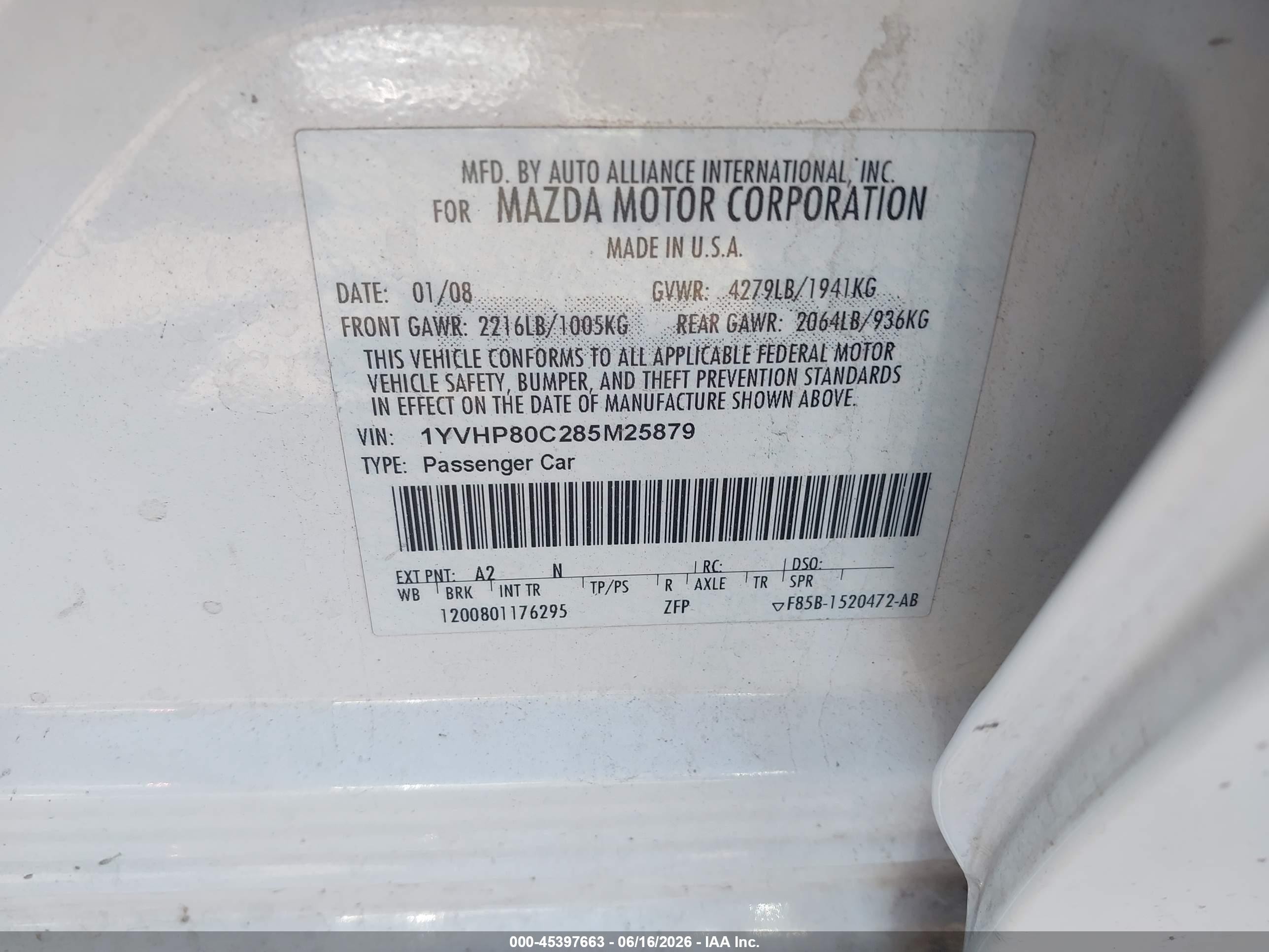 2008 Mazda Mazda6 I Sport Ve White vin: 1YVHP80C285M25879