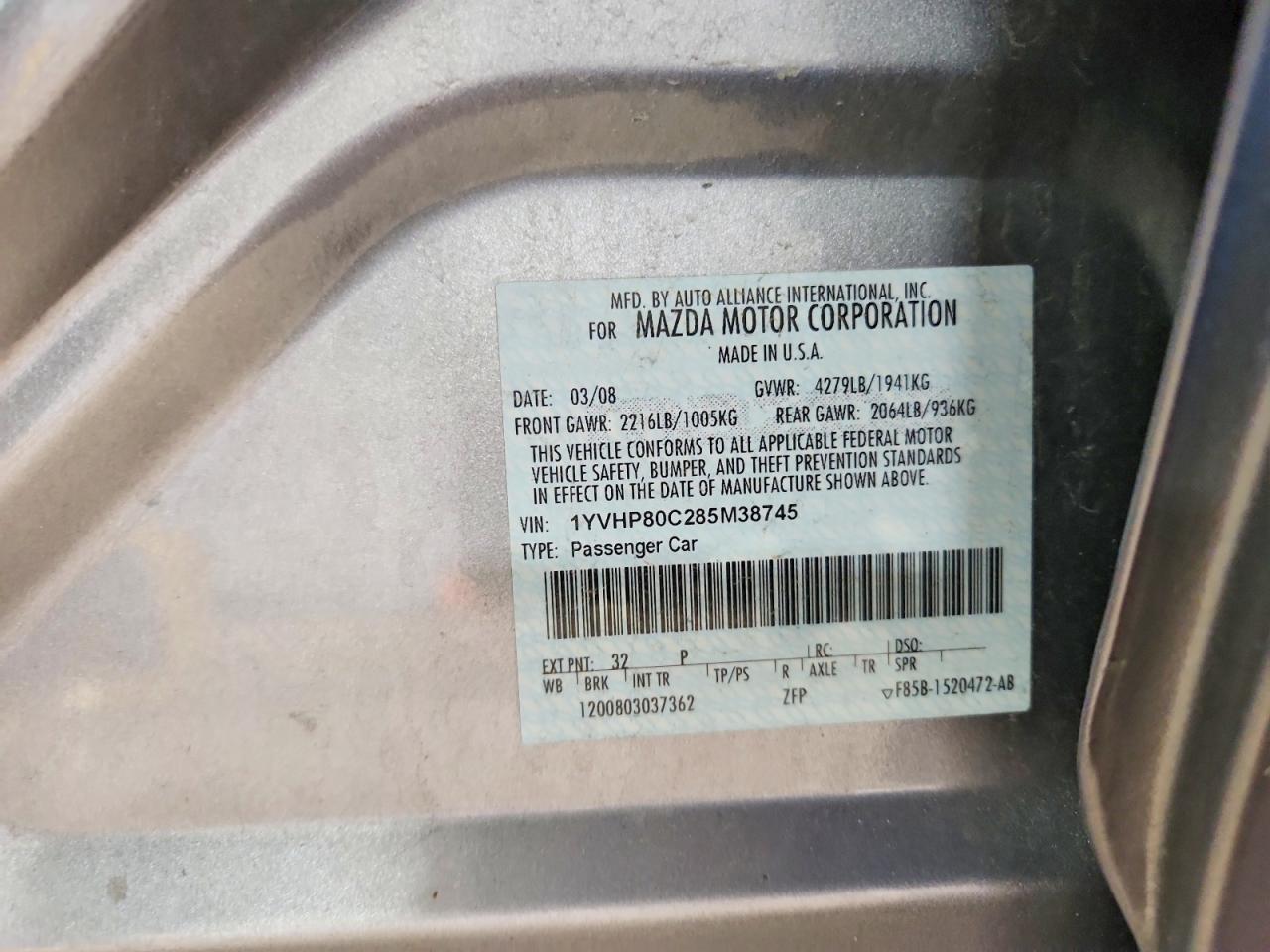 2008 Mazda 6 Gray vin: 1YVHP80C285M38745