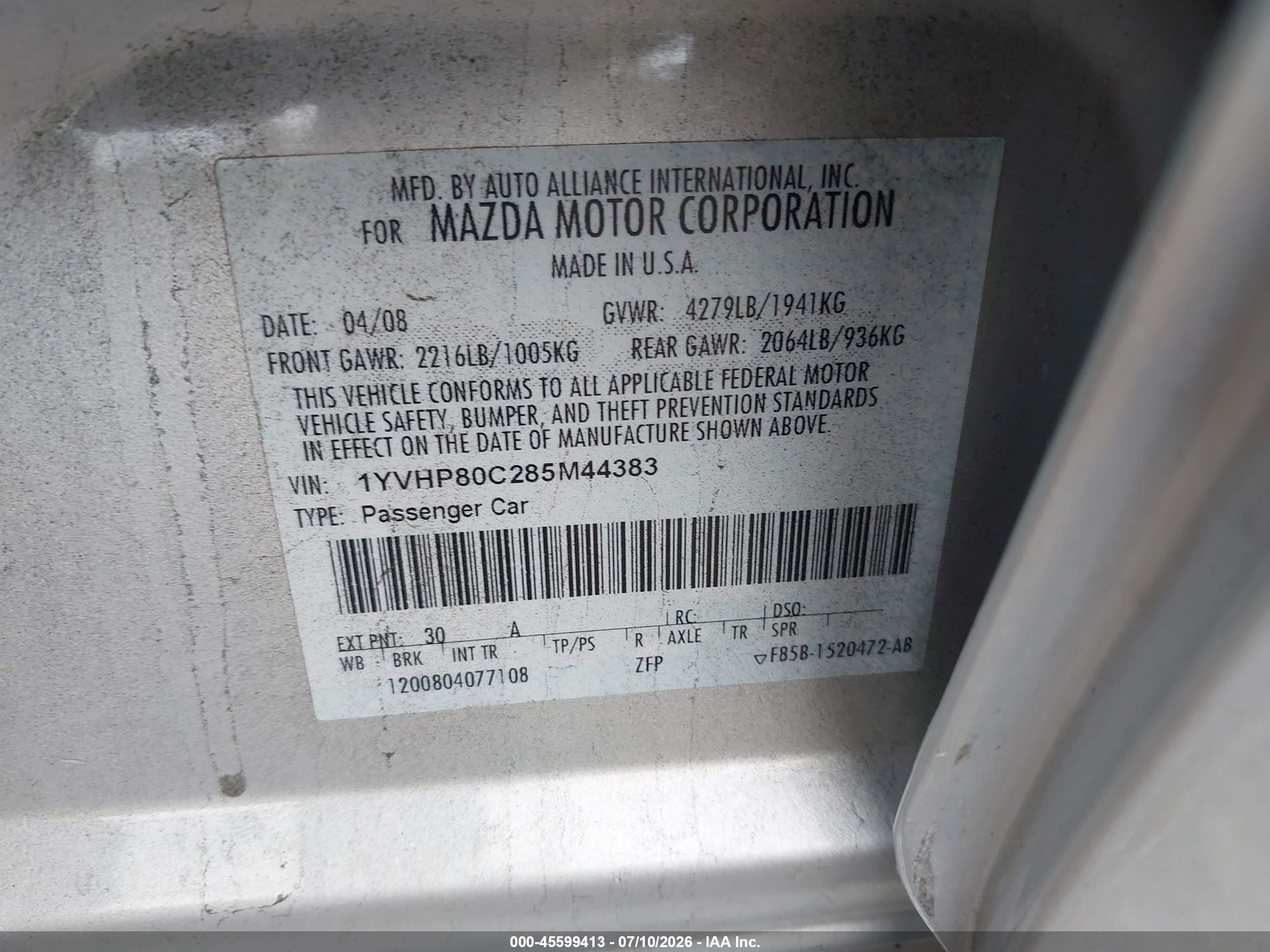 2008 Mazda Mazda6 I Sport Ve Silver vin: 1YVHP80C285M44383
