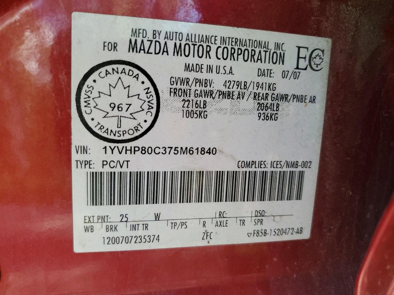 2007 Mazda 6 I Red vin: 1YVHP80C375M61840
