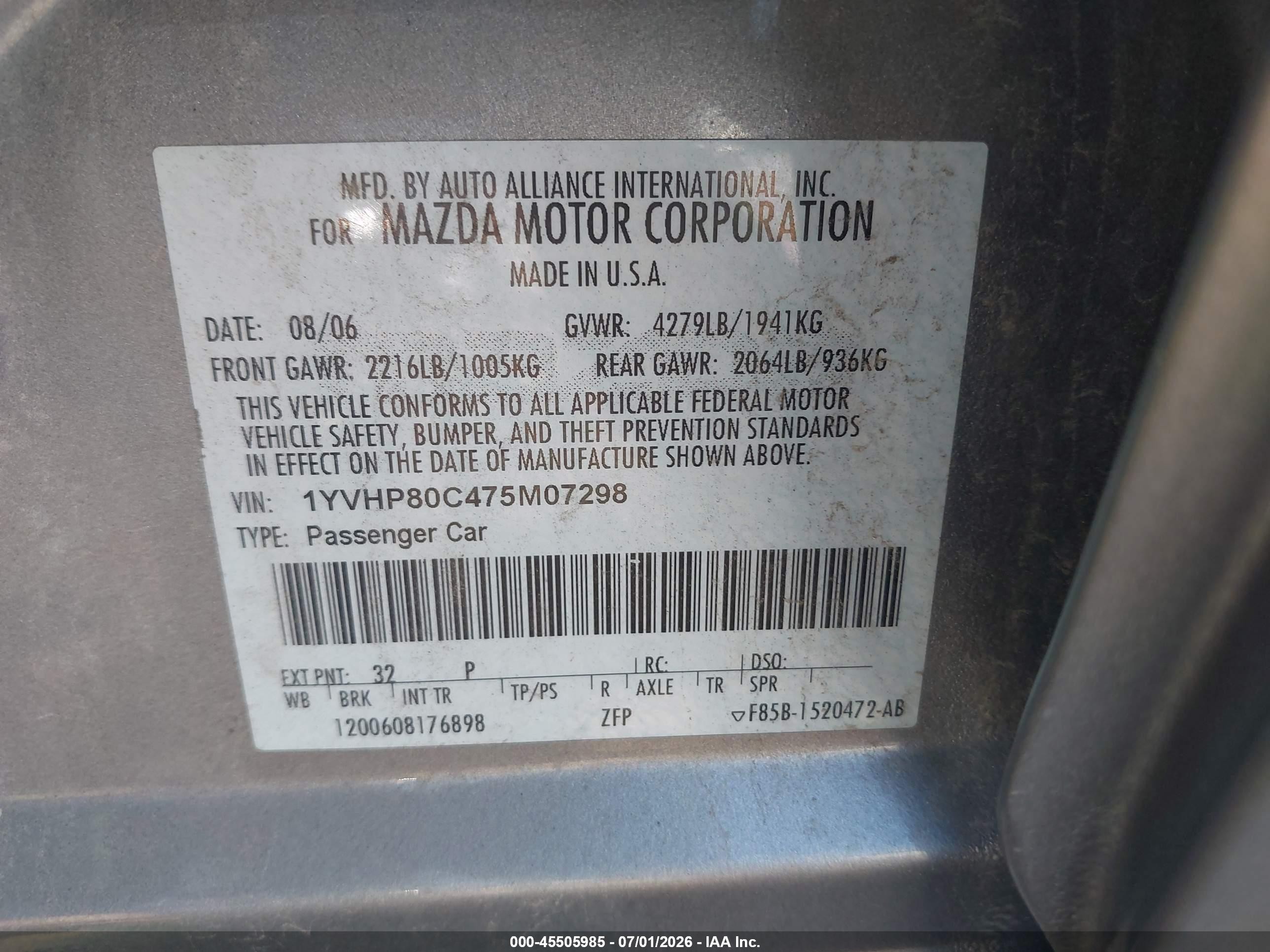 2007 Mazda Mazda6 I Sport Silver vin: 1YVHP80C475M07298