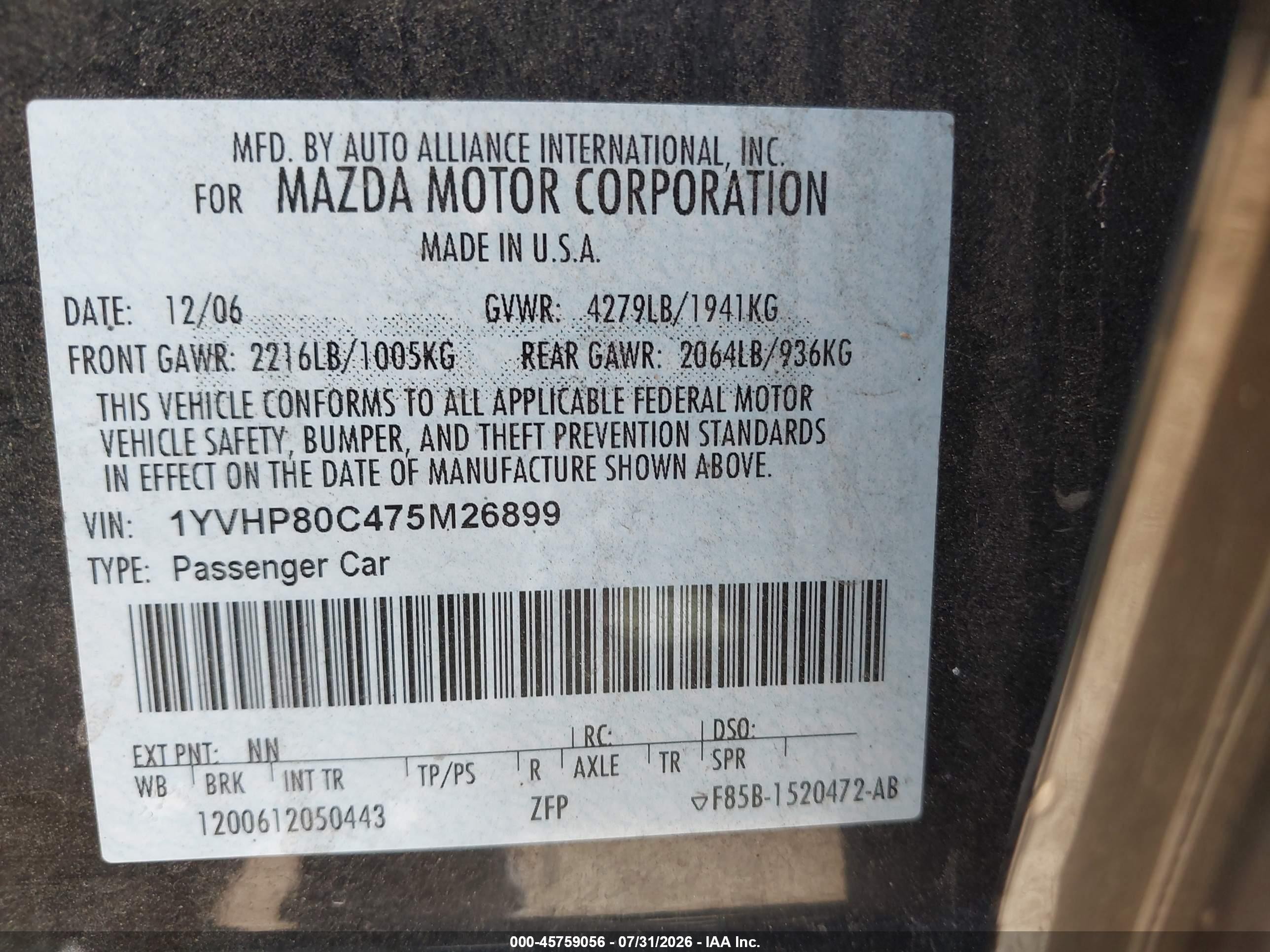 2007 Mazda Mazda6 I Sport Ve Black vin: 1YVHP80C475M26899