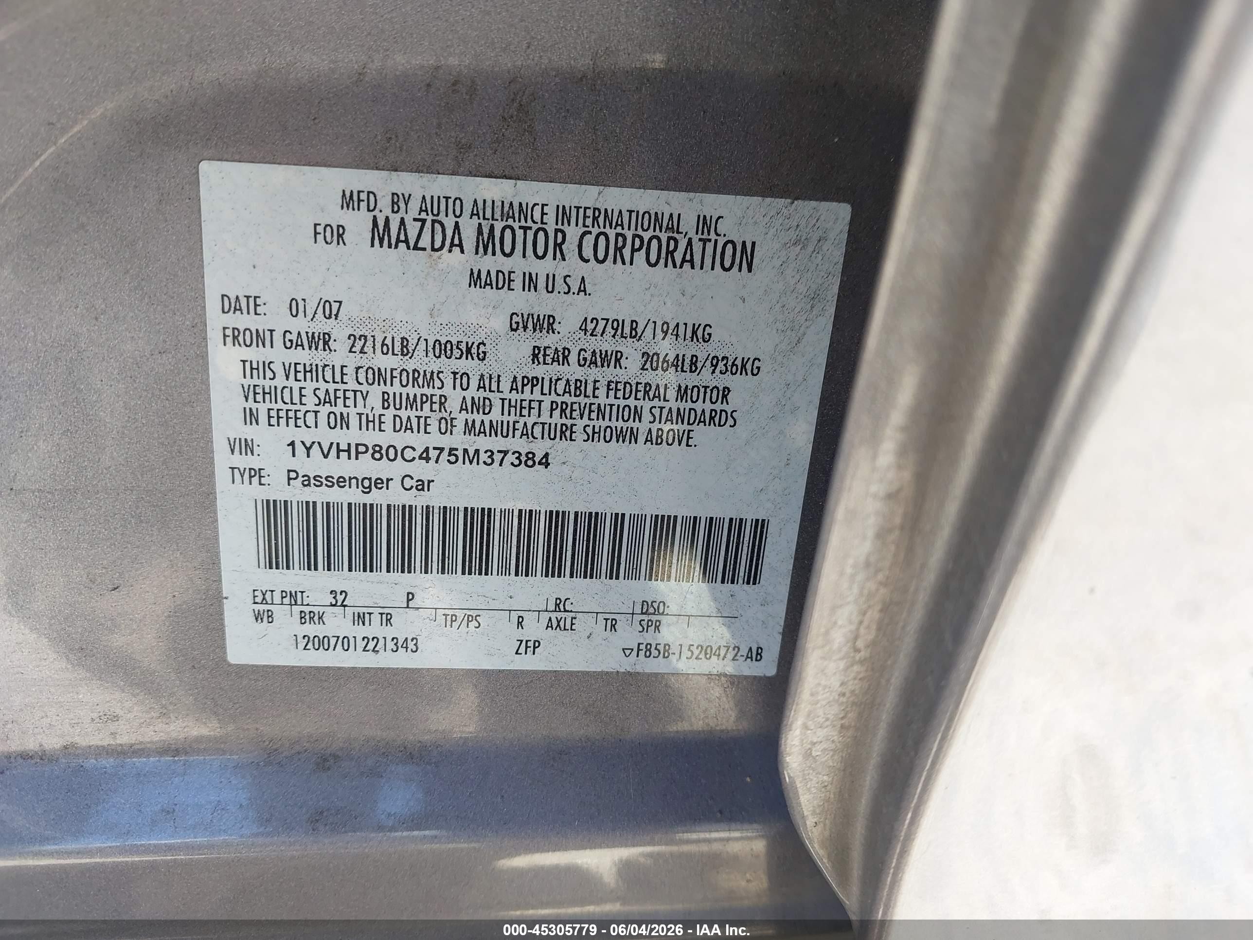 2007 Mazda Mazda6 I Sport Ve Gray vin: 1YVHP80C475M37384