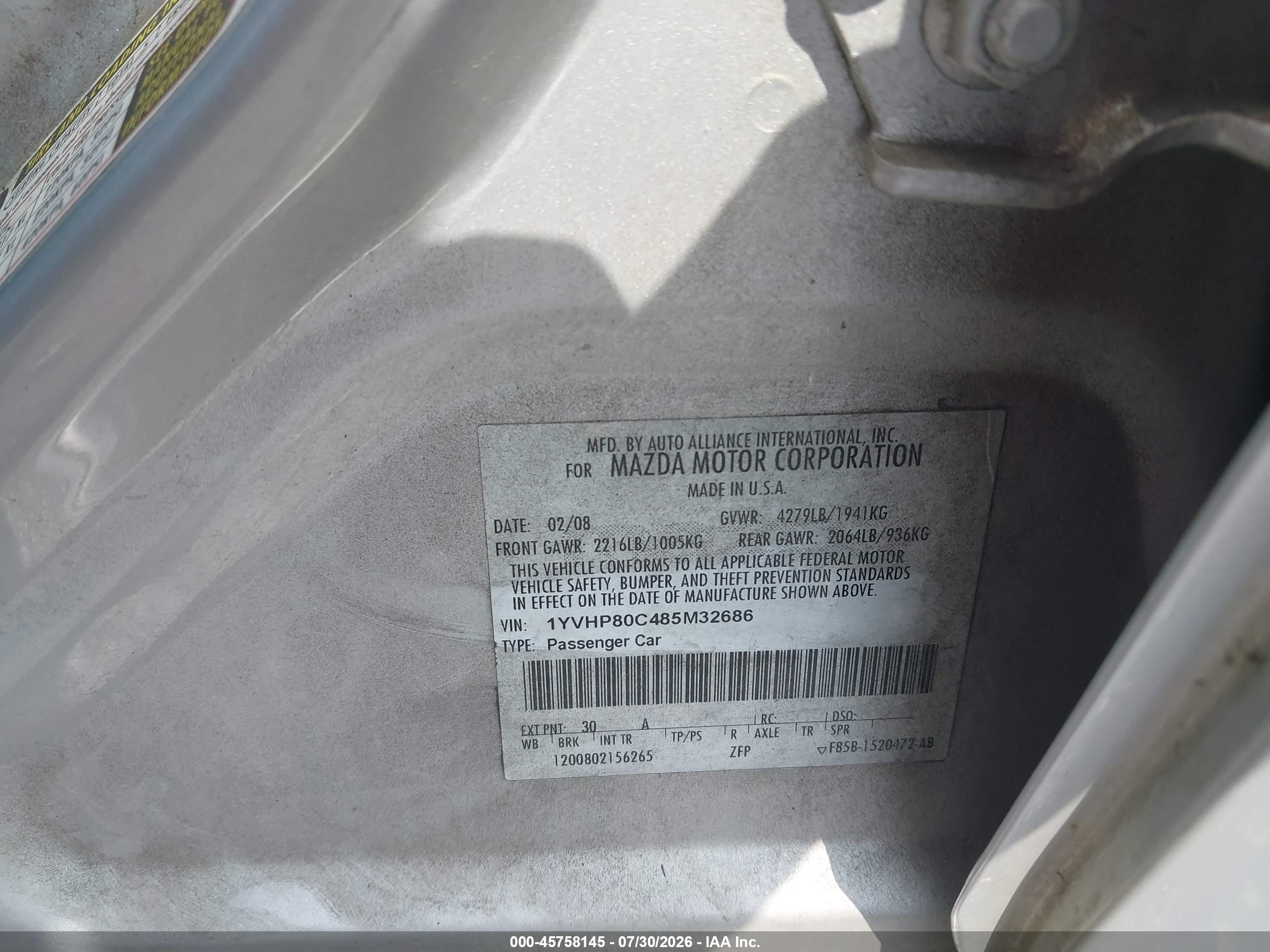 2008 Mazda Mazda6 I Sport Ve Silver vin: 1YVHP80C485M32686