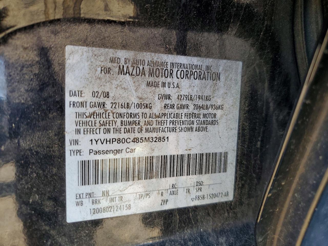 2008 Mazda 6 I Black vin: 1YVHP80C485M32851