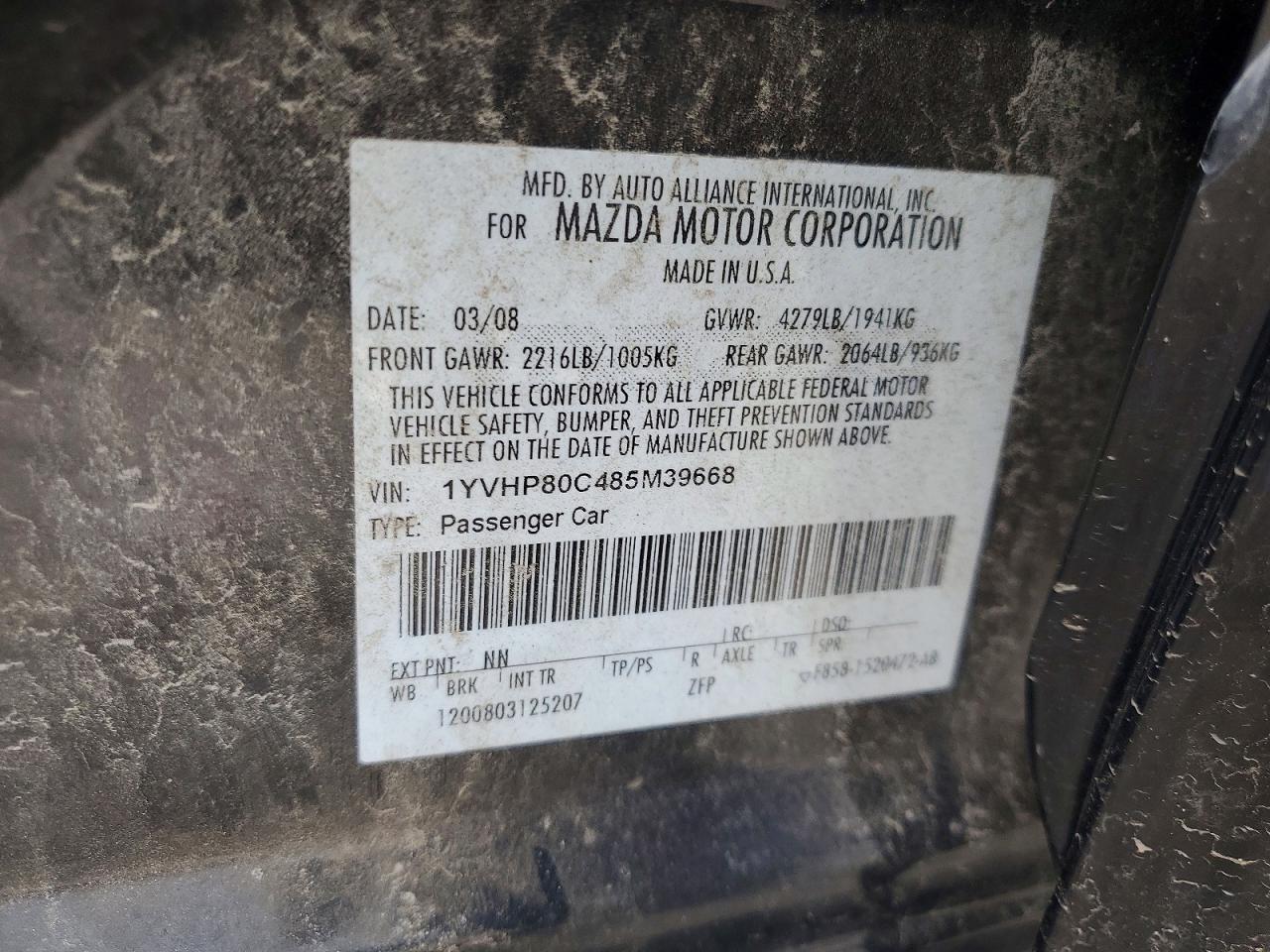 2008 Mazda 6 I Черный vin: 1YVHP80C485M39668