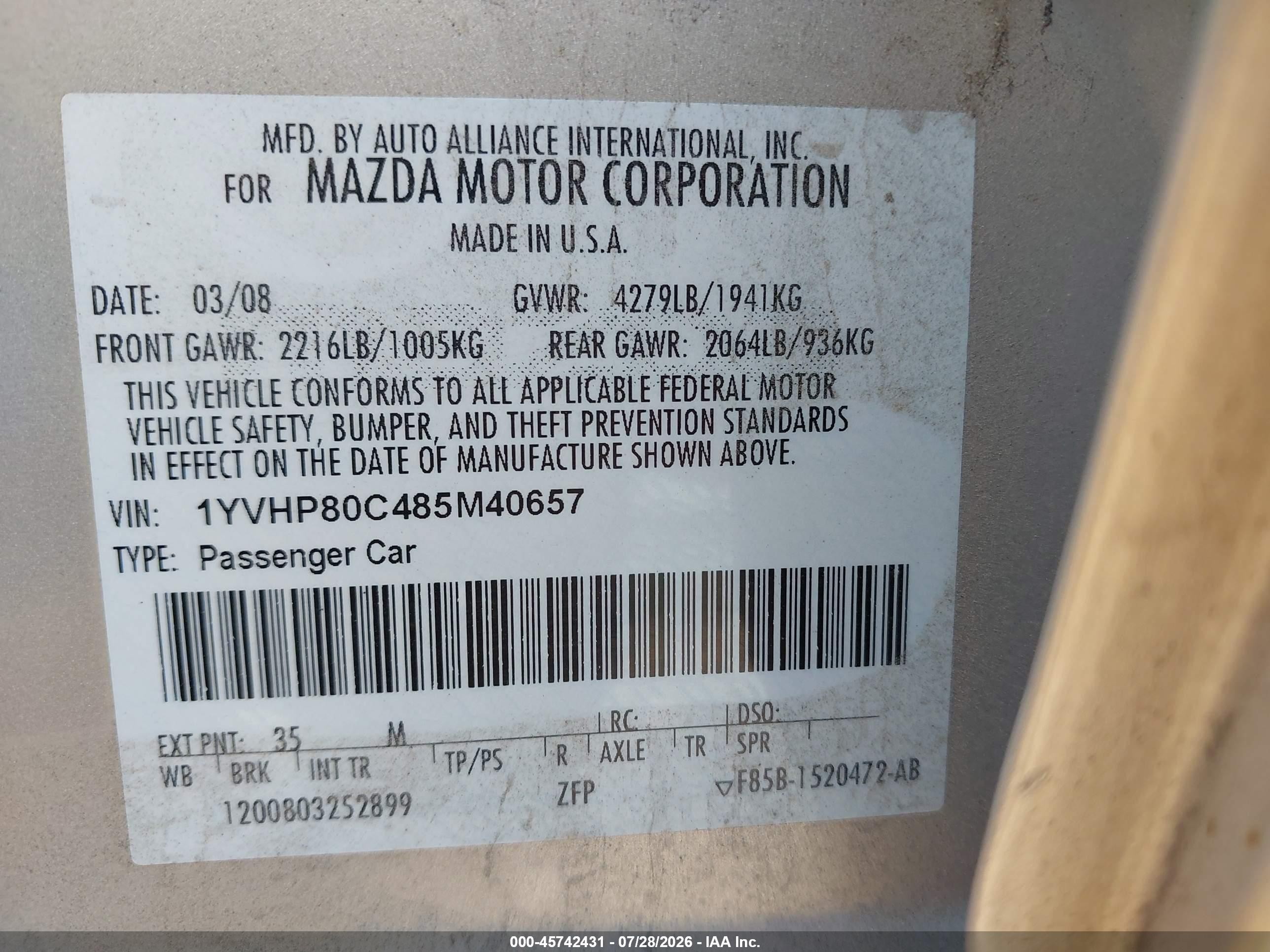 2008 Mazda Mazda6 I Touring Tan vin: 1YVHP80C485M40657