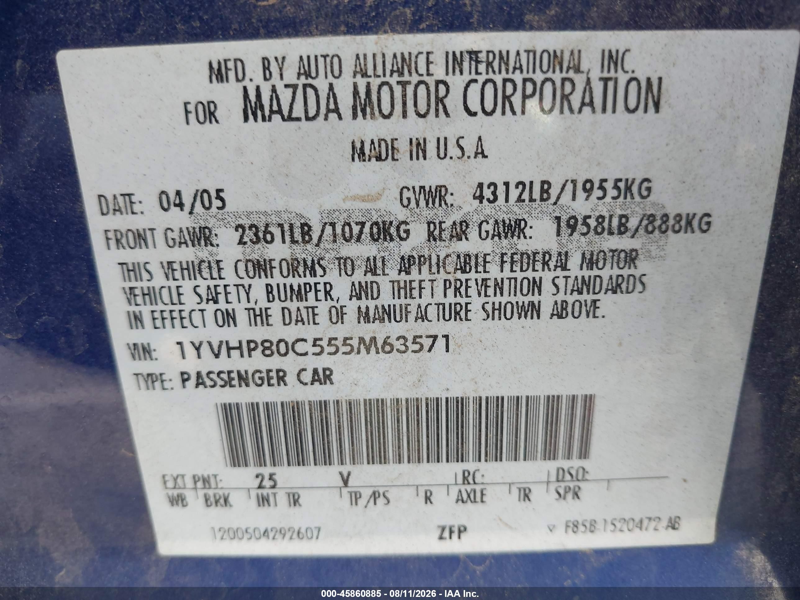 2005 Mazda Mazda6 I Base Синий vin: 1YVHP80C555M63571