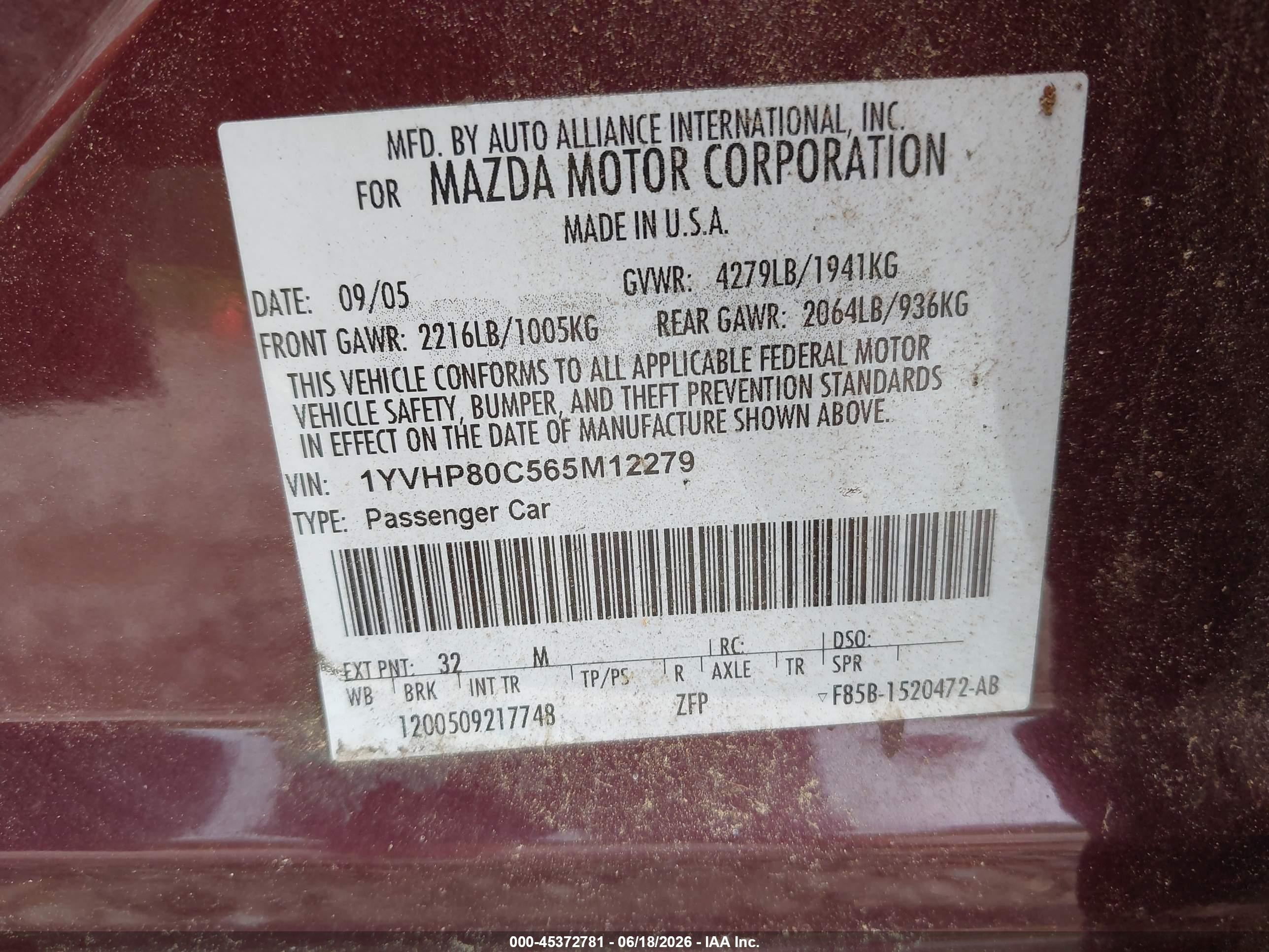 2006 Mazda Mazda6 Sport I Burgundy vin: 1YVHP80C565M12279