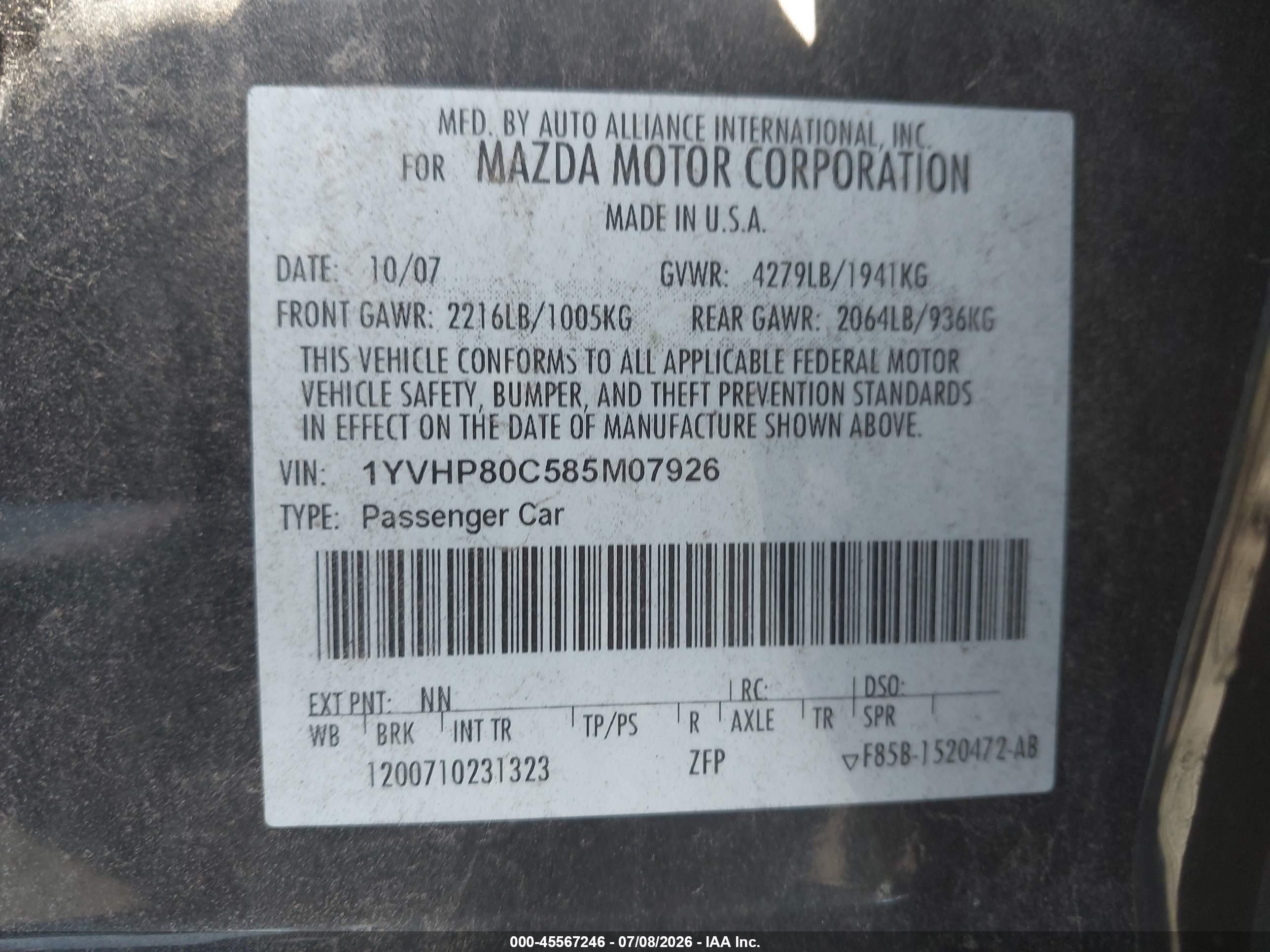 2008 Mazda Mazda6 I Sport Ve Black vin: 1YVHP80C585M07926