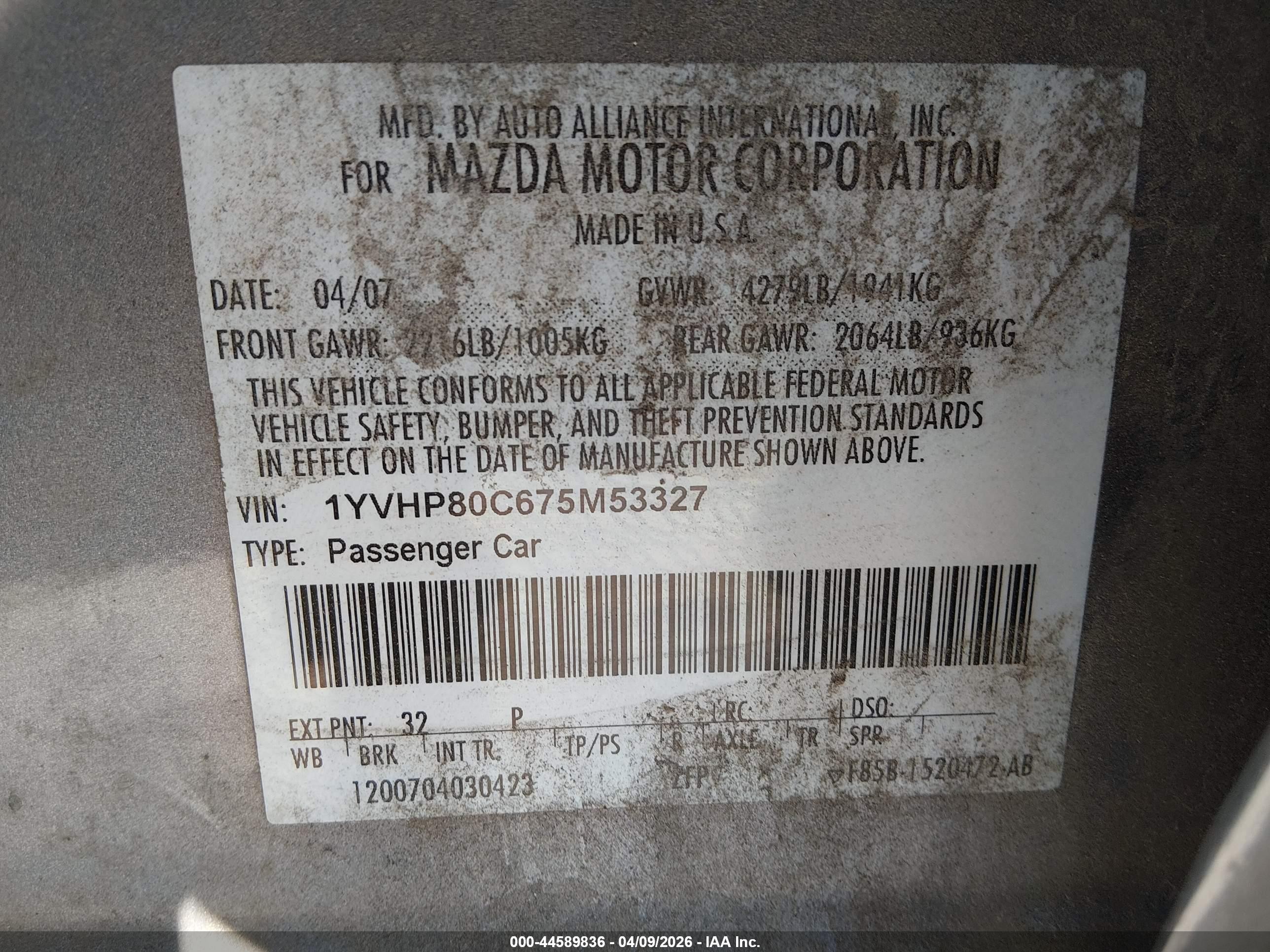 2007 Mazda Mazda6 I Sport Ve Gray vin: 1YVHP80C675M53327