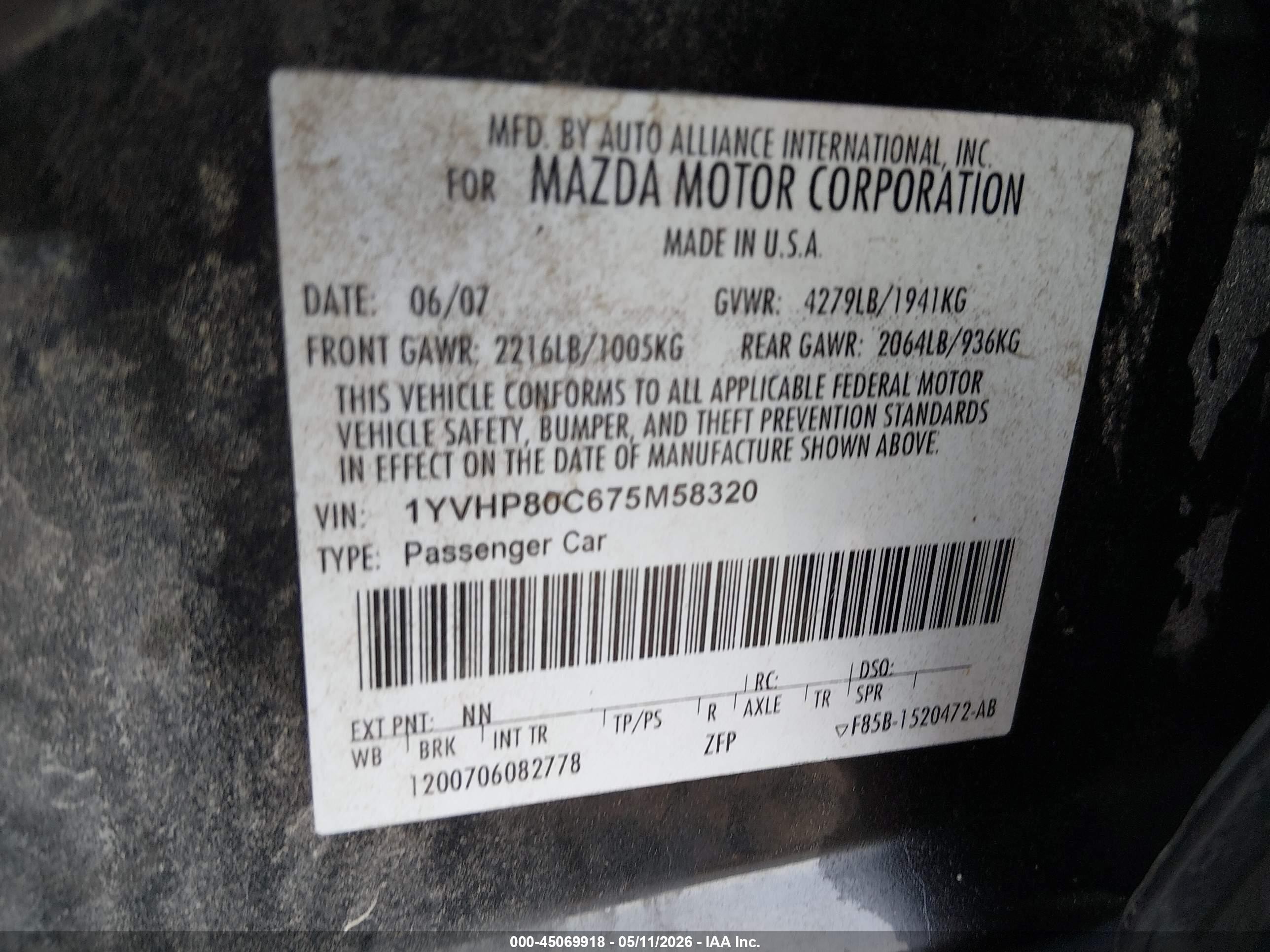 2007 Mazda Mazda6 I Sport Ve Black vin: 1YVHP80C675M58320