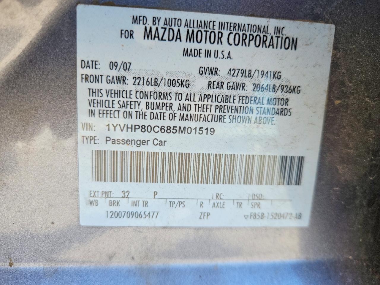 2008 Mazda 6 I Blue vin: 1YVHP80C685M01519