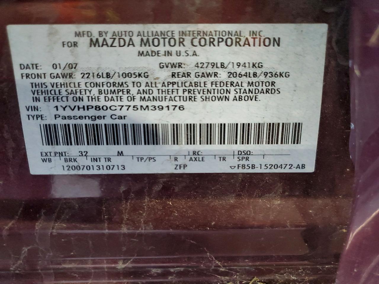 2007 Mazda 6 I Purple vin: 1YVHP80C775M39176
