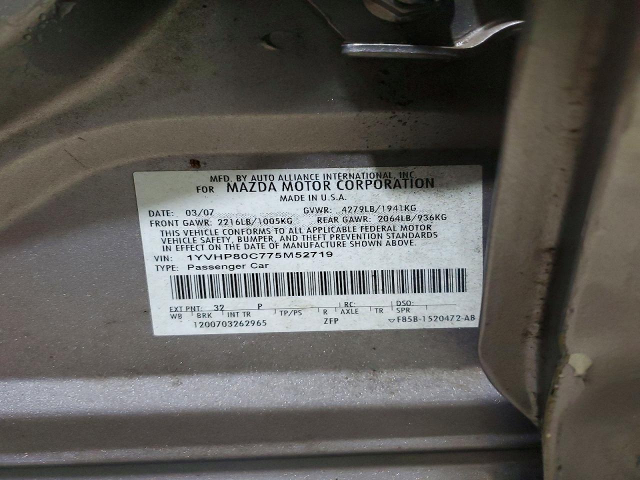 2007 Mazda 6 I Gray vin: 1YVHP80C775M52719