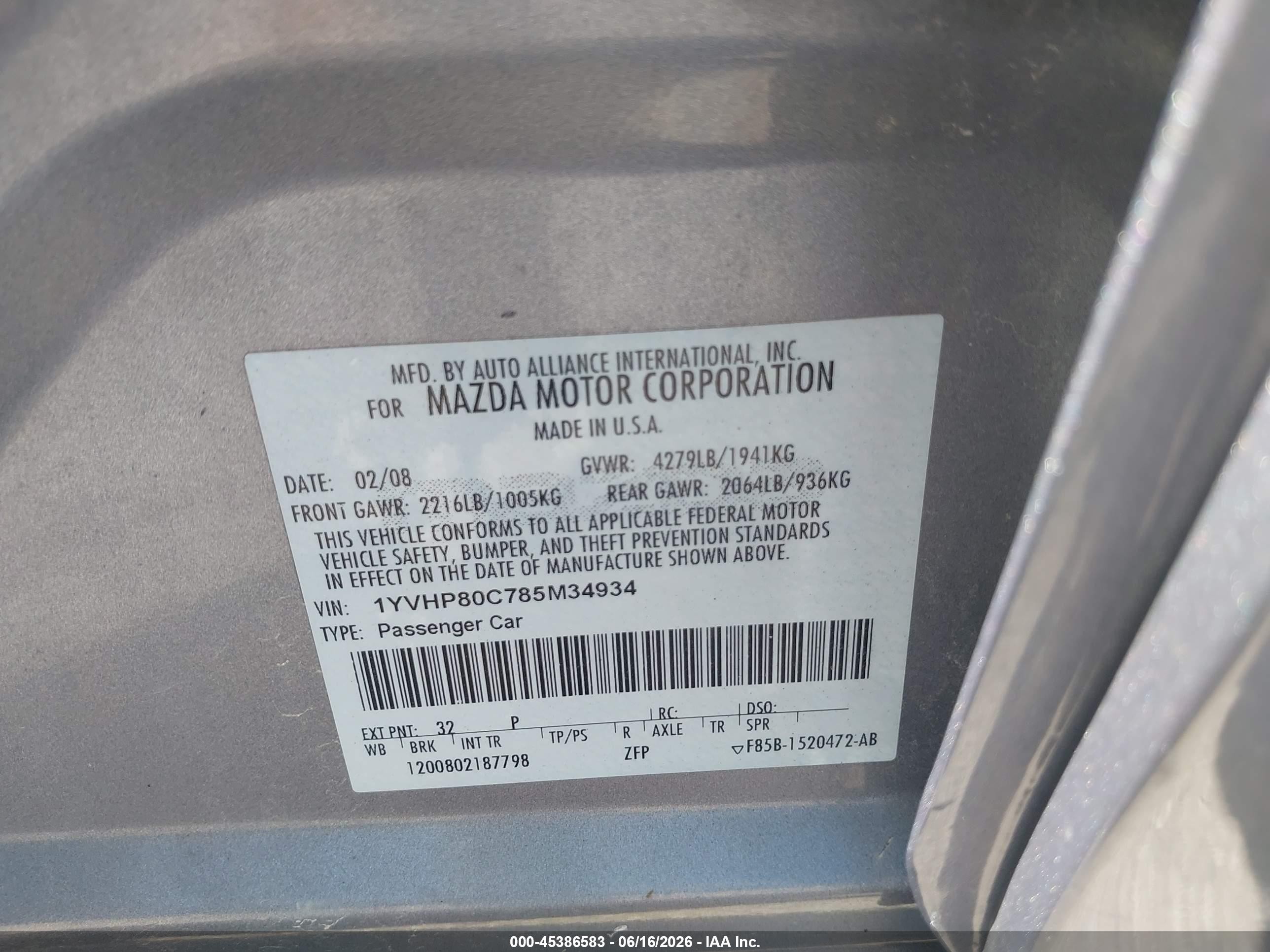 2008 Mazda Mazda6 I Sport Ve Silver vin: 1YVHP80C785M34934