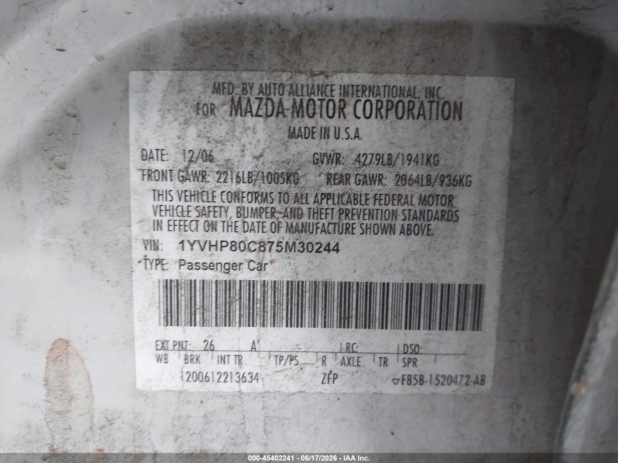 2007 Mazda Mazda6 I Sport Ve Silver vin: 1YVHP80C875M30244