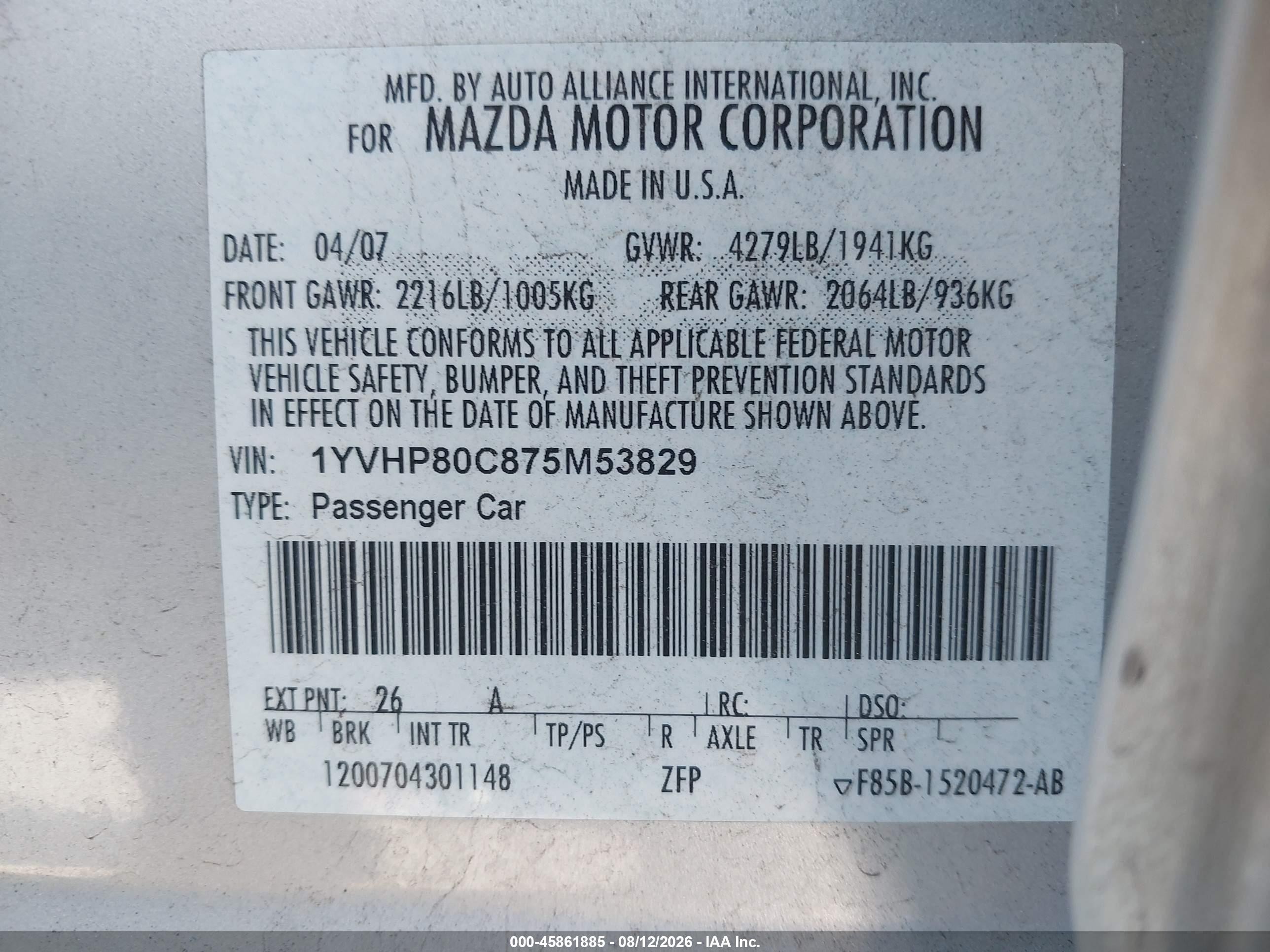2007 Mazda Mazda6 I Sport Ve Gray vin: 1YVHP80C875M53829