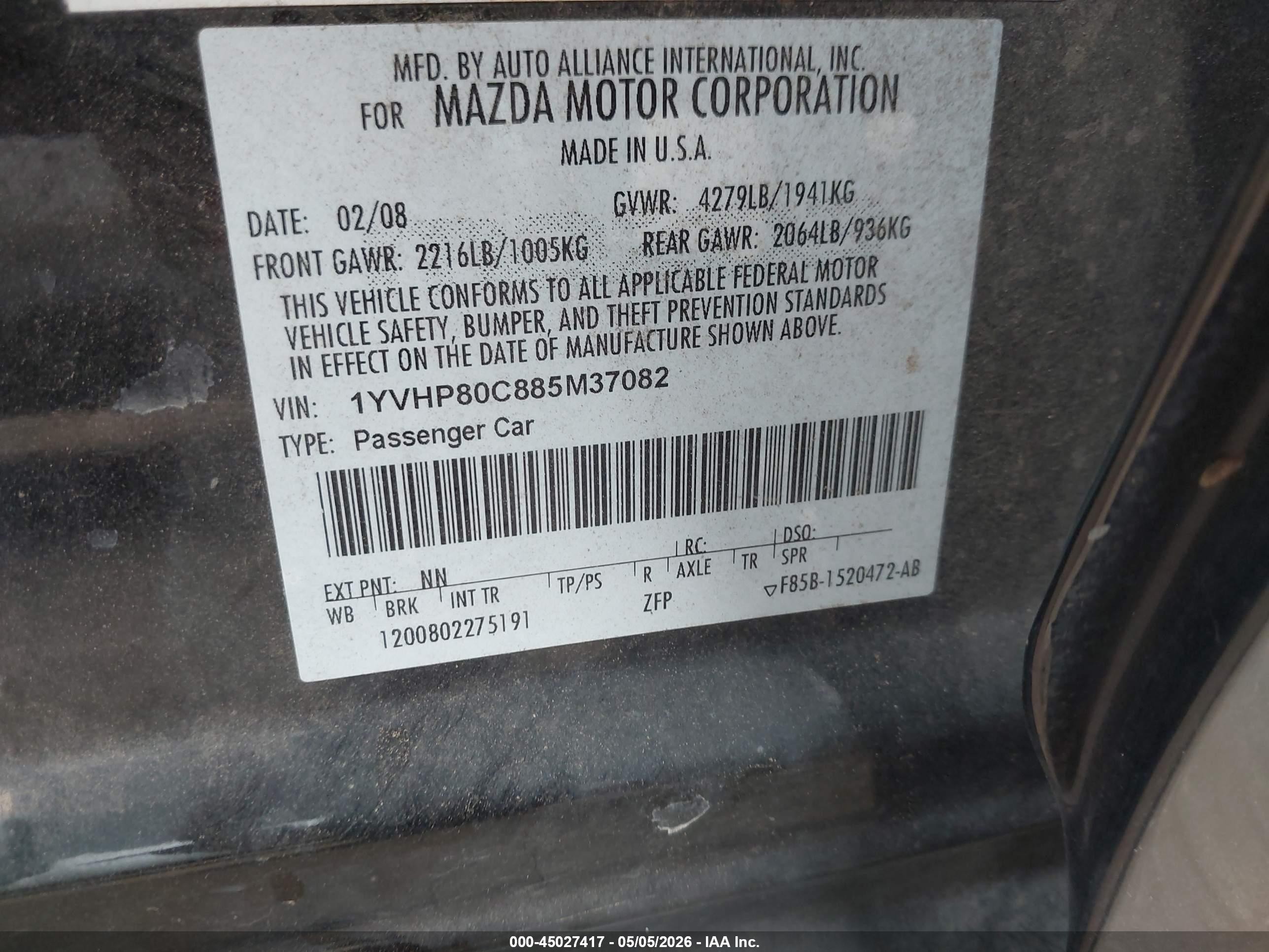2008 Mazda Mazda6 I Sport Ve Черный vin: 1YVHP80C885M37082