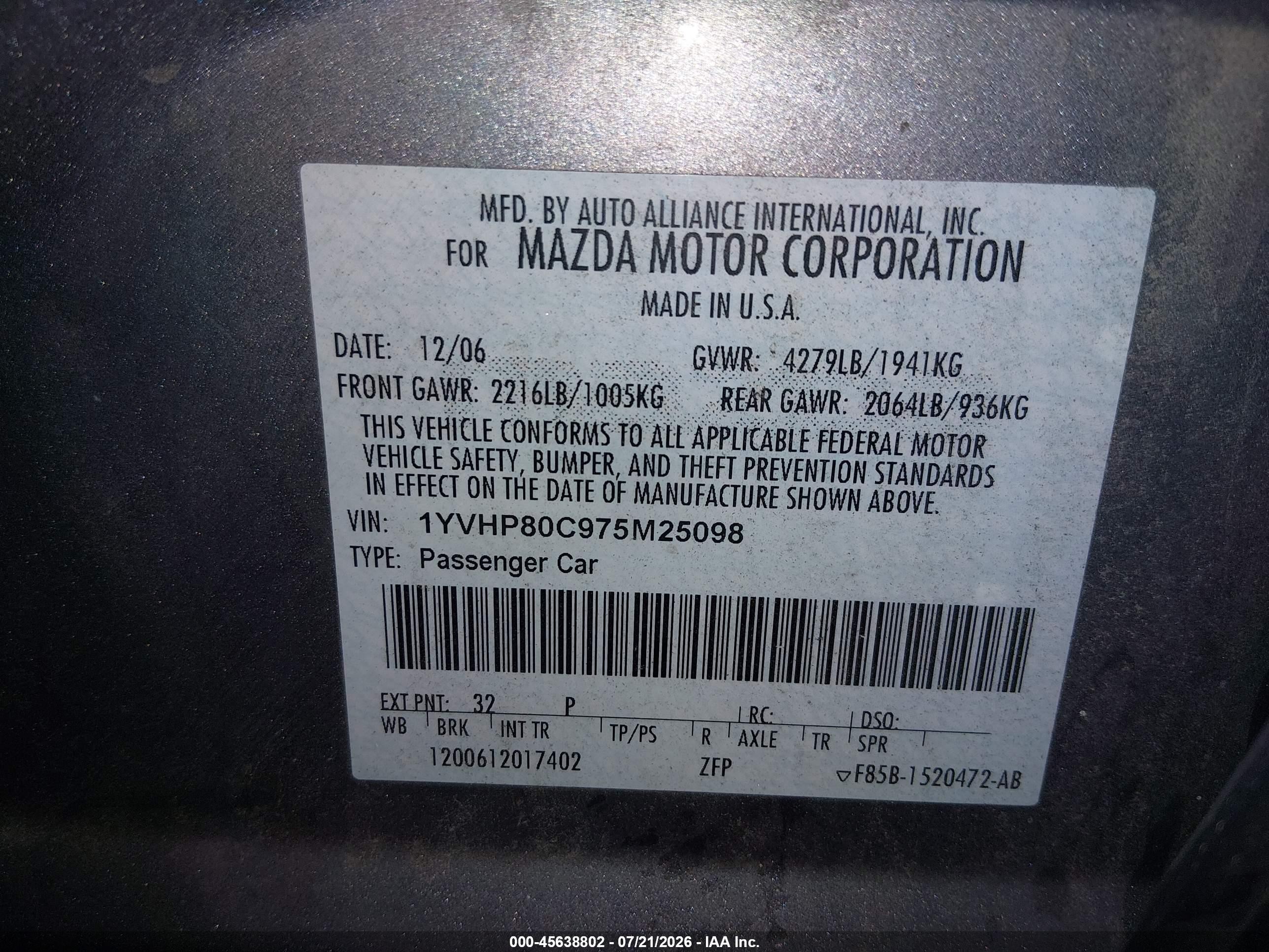 2007 Mazda Mazda6 I Sport Ve Silver vin: 1YVHP80C975M25098