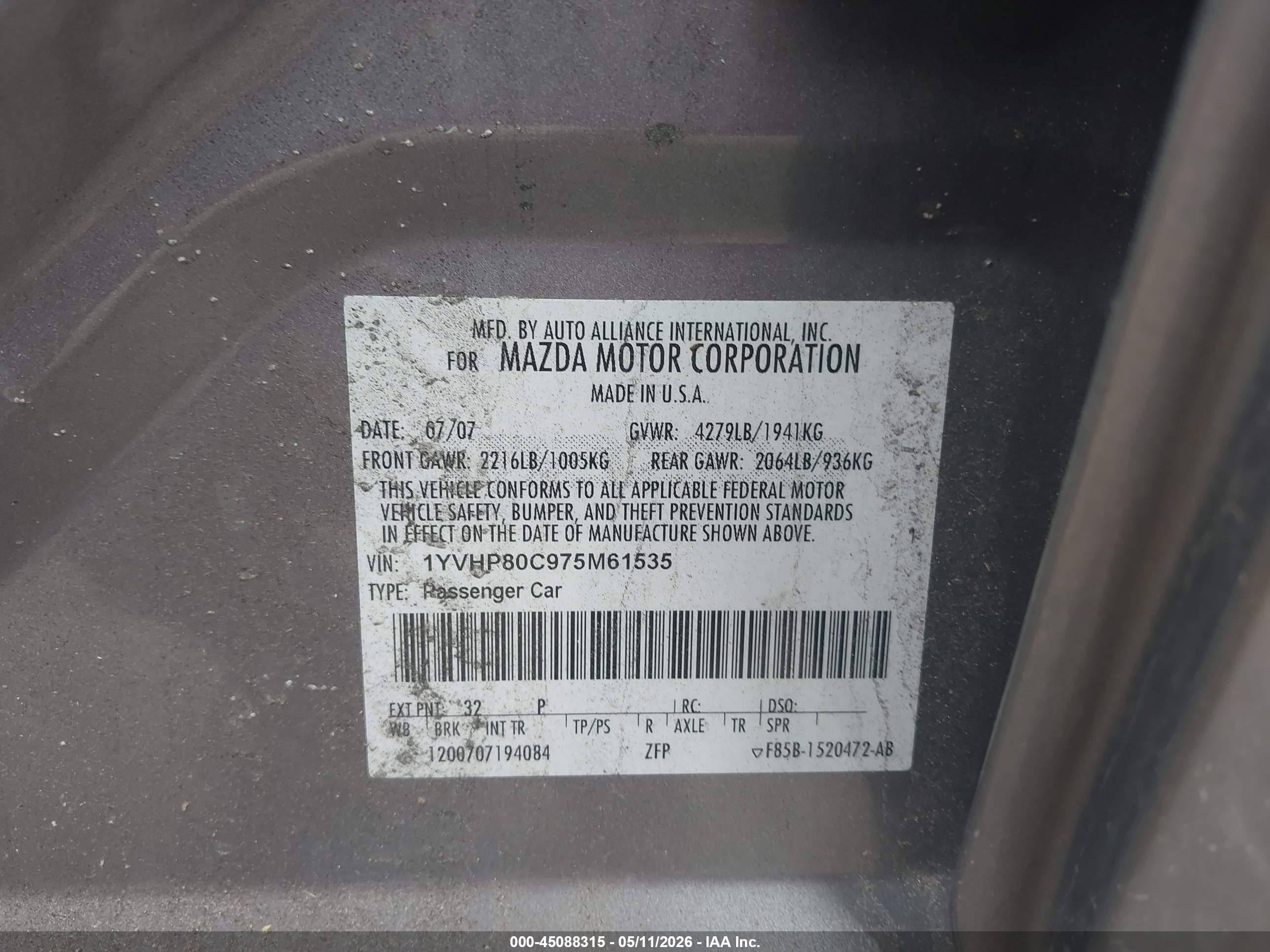2007 Mazda Mazda6 I Sport Ve Gray vin: 1YVHP80C975M61535