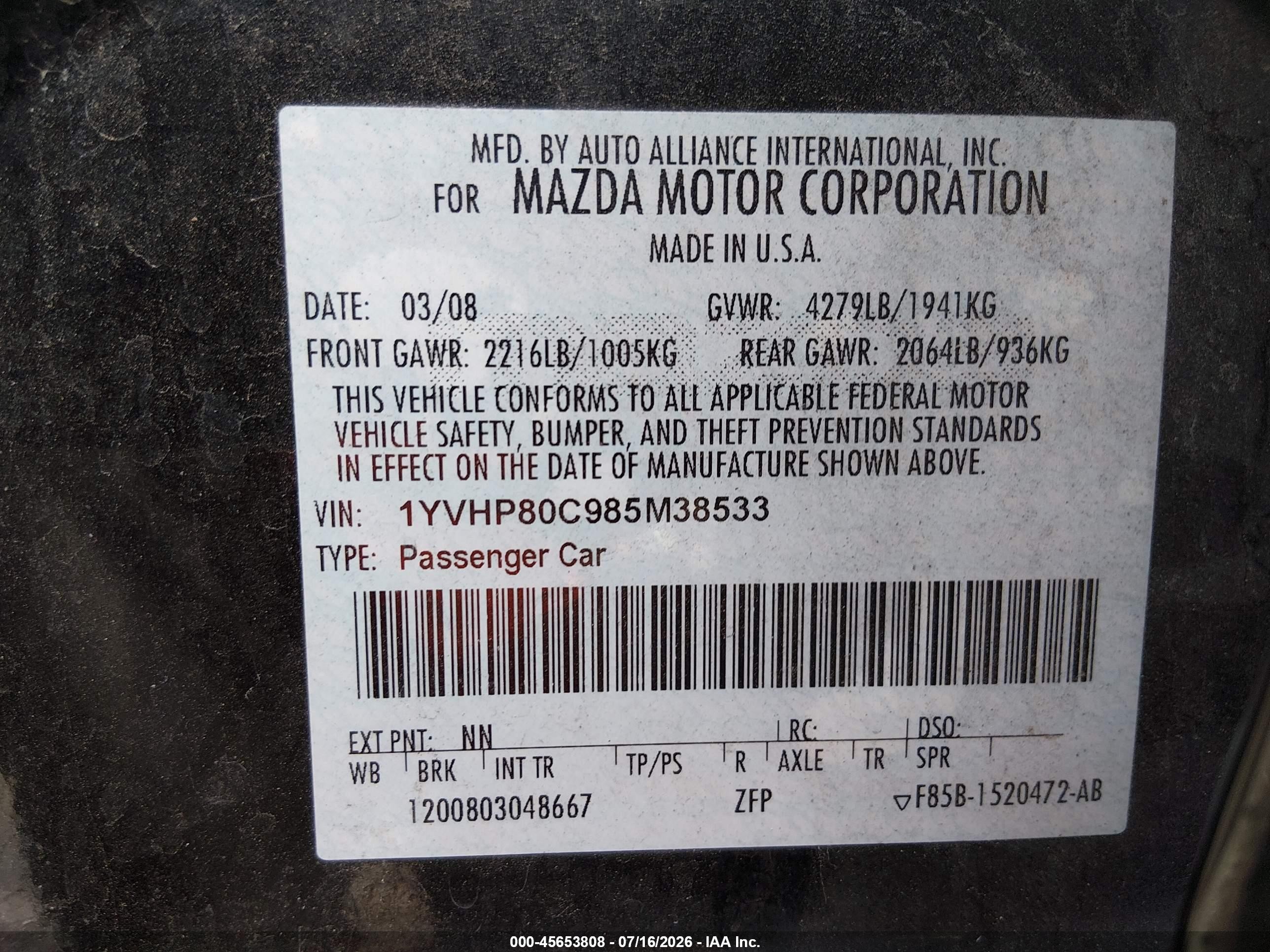 2008 Mazda Mazda6 I Sport Ve Black vin: 1YVHP80C985M38533