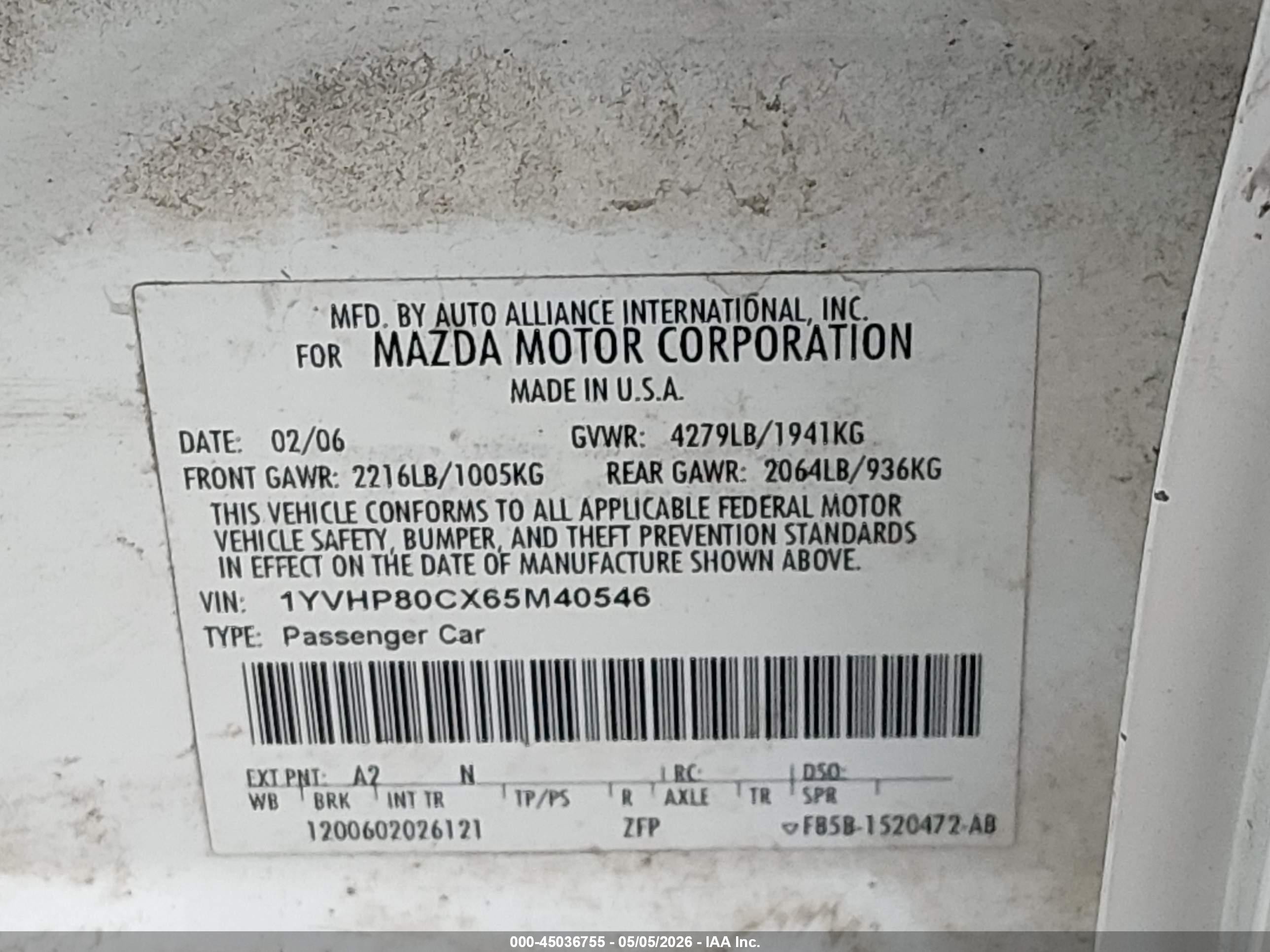 2006 Mazda Mazda6 I Grand Sport White vin: 1YVHP80CX65M40546